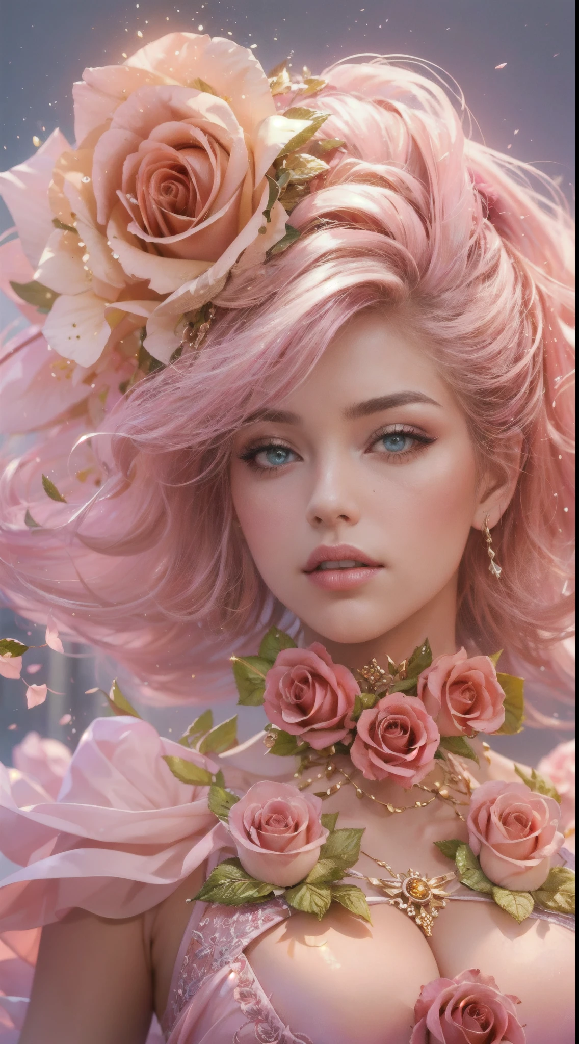 This is a realistic fantasy art work,The backdrop is a charming pastel bubblegum and rose garden. Create a proud woman,Her face is nuanced,Tumbling pleats in stunning French silk ballgown. A woman who is'S face is very sweet ((((The content is very detailed, With realistic features and soft, puffy lips.)))) The ball dress is decorated with ruffles, obi strip, and bow and subtle, But intricately, Hand embroidered corset. Ribbon design bodice. The woman's charming eyes are beautifully detailed, Has realistic shadows、Various colors and high resolution. woman in eternal rose garden, Each piece is beautifully styled,detail-rich. These realistic roses feature a shimmering pink hue, Yellow, orange colors, and flash red. eternal rose is deep red,With shimmery pink shades and undertones. protected woman's face, the hair, And the eyes are perfect. important: Interesting details included,por exemplo, As estrelas, airbubble, ((and flash)). Endless realism, high fantasy, Whimsical fantasies, Storybook fantasy, fairy fantasy, Fantasy details, enchanting, big breasts enchanting, 8K, employment, computer graphics image processing, digitial painting, unified, unreal-engine, (((tmasterpiece))), iintricate, Elegant, The content is very detailed, Majestic, digital photography, Art germ、Works by Jia Ruan and Greg Rutkoski, (tmasterpiece, Eyes are delicate and beautiful: 1.2), HighDynamicRange, realistic skin textures, (((1 Lady))), (((Alone))), Includes highly detailed faces, Extremely detailed face, and interesting background.