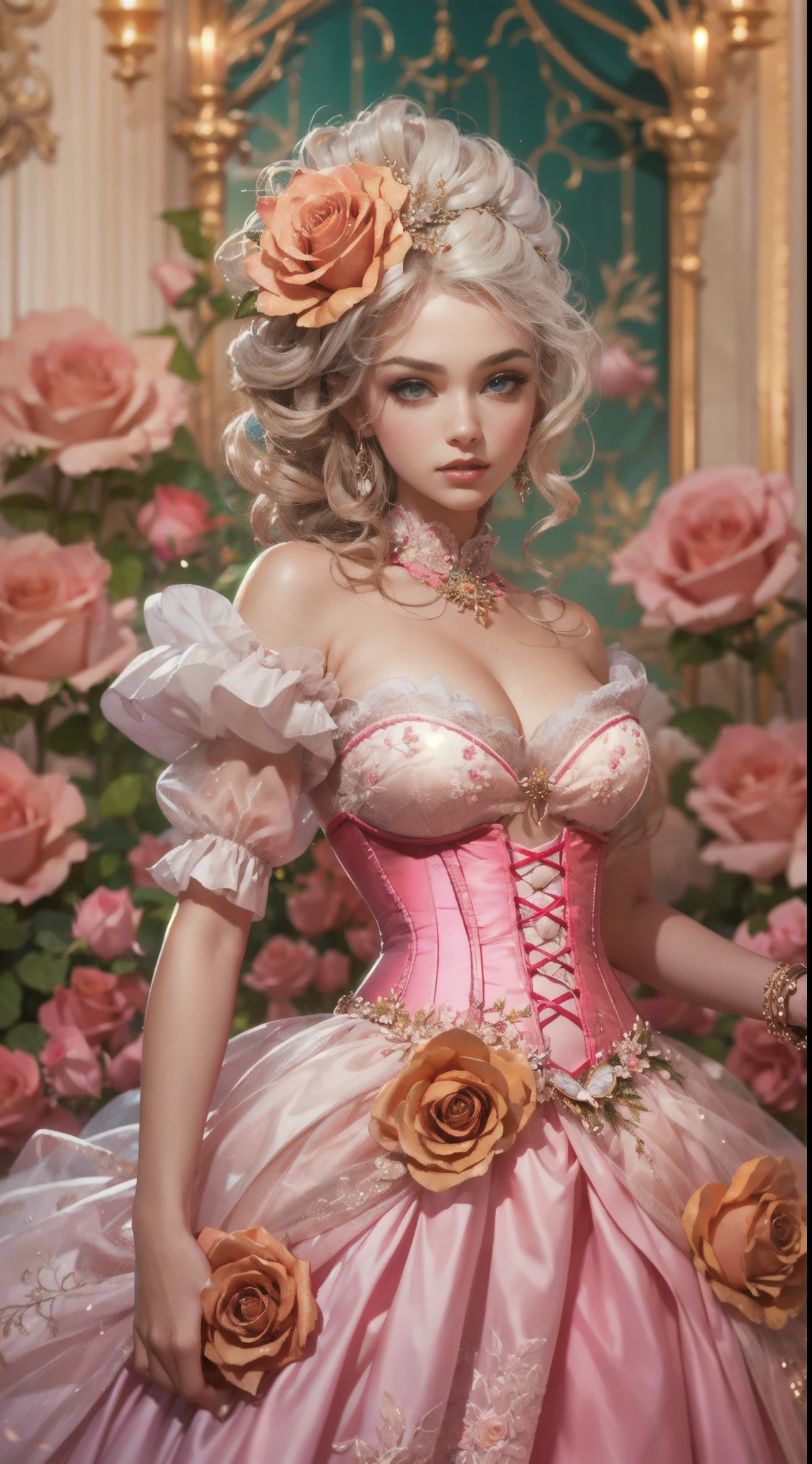 This is a realistic fantasy art work,The backdrop is a charming pastel bubblegum and rose garden. Create a proud woman,Her face is nuanced,Tumbling pleats in stunning French silk ballgown. A woman who is'S face is very sweet ((((The content is very detailed, With realistic features and soft, puffy lips.)))) The ball dress is decorated with ruffles, obi strip, and bow and subtle, But intricately, Hand embroidered corset. Ribbon design bodice. The woman's charming eyes are beautifully detailed, Has realistic shadows、Various colors and high resolution. woman in eternal rose garden, Each piece is beautifully styled,detail-rich. These realistic roses feature a shimmering pink hue, Yellow, orange colors, and flash red. eternal rose is deep red,With shimmery pink shades and undertones. protected woman's face, the hair, And the eyes are perfect. important: Interesting details included,por exemplo, As estrelas, airbubble, ((and flash)). Endless realism, high fantasy, Whimsical fantasies, Storybook fantasy, fairy fantasy, Fantasy details, enchanting, big breasts enchanting, 8K, employment, computer graphics image processing, digitial painting, unified, unreal-engine, (((tmasterpiece))), iintricate, Elegant, The content is very detailed, Majestic, digital photography, Art germ、Works by Jia Ruan and Greg Rutkoski, (tmasterpiece, Eyes are delicate and beautiful: 1.2), HighDynamicRange, realistic skin textures, (((1 Lady))), (((Alone))), Includes highly detailed faces, Extremely detailed face, and interesting background.