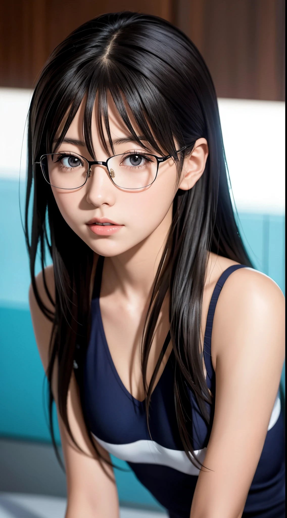 Anime girl with dark hair and glasses posing for a photo, anime moe art style, Smooth Anime CG Art, Seductive Anime Girl, Realistic anime art style, Portrait Anime Girl, Detailed Digital Anime Art, digital anime art!!, realistic young anime girl, digital anime art, portrait of cute anime girlbabes, charming anime girls, Realistic anime art style, pretty anime girl, Cute anime girl,swim wears