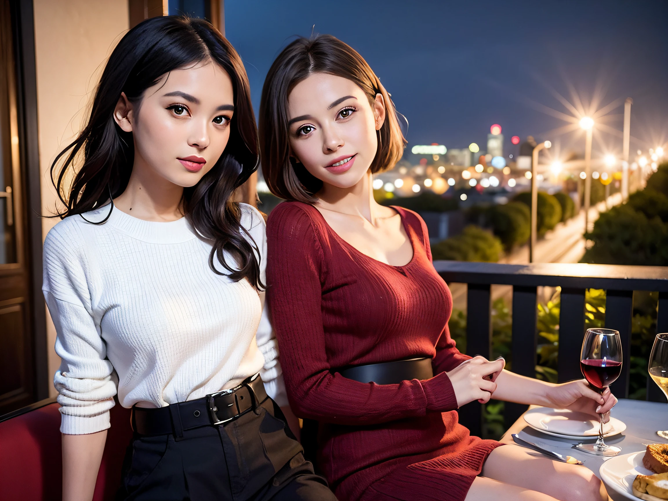 (64k uhd、nffsw、top-quality、​masterpiece:1.2)、(realisitic、Photorealsitic:1.37)、ultra-detailliert、wine glasses、enjoying a glass of wine、a matural female、Two cute women、(Slim Faces)、(Slim body)、（brawn hair）、(short-cut)、smiling french woman、happy italian girl、British woman、Americana、blush a little on the cheeks、(46 years old)、41 years old、red wine、Beautiful detailed urban night view outside the window、resturant、Wine glasses in a prominent place、natta、(from waist up)、sitting on、date、(A smile:1.15)、Beautiful fine eyes、bustup、Cashmere sweater、long-sleeved dresses、japanes、(short-hair:1.2)、Float NovaFrogStyle、女優、modeled、from waist up、white wine、Slimed、wine glasses、Super beautiful night view、Put the wine glass in the middle、Happy smile、(8K、Raw photography、top-quality、​masterpiece:1.2)、(realisitic、Photorealsitic:1.37)、ultra-detailliert、超A high resolution、2 females、see the beholder、beautifull detailed face、A smile、Constriction、(Slim waist) :1.3)、knit shirt、Beautiful detailed skin、Skin Texture、floated hair、profetional lighting、middlebreasts、eyes gentle