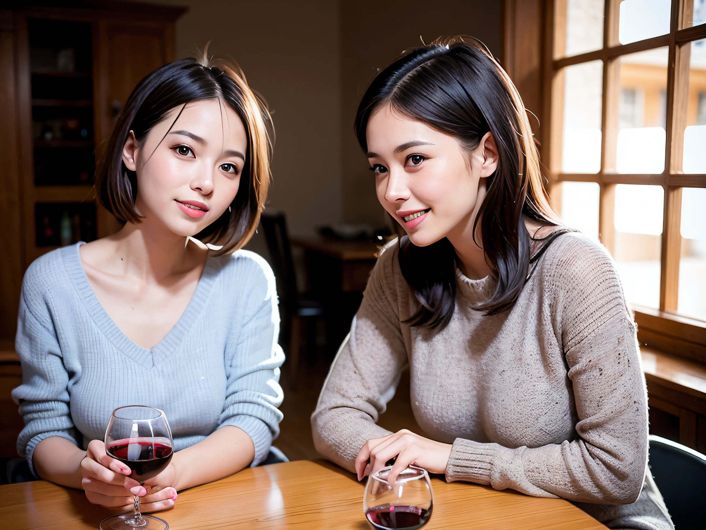 (64k uhd、nffsw、top-quality、​masterpiece:1.2)、(realisitic、Photorealsitic:1.37)、ultra-detailliert、wine glasses、enjoying a glass of wine、a matural female、Two cute women、(Slim Faces)、(Slim body)、（brawn hair）、(short-cut)、smiling french woman、happy italian girl、British woman、Americana、blush a little on the cheeks、(46 years old)、41 years old、red wine、Beautiful detailed urban night view outside the window、resturant、Wine glasses in a prominent place、natta、(from waist up)、sitting on、date、(A smile:1.15)、Beautiful fine eyes、bustup、Cashmere sweater、long-sleeved dresses、japanes、(short-hair:1.2)、Float NovaFrogStyle、女優、modeled、from waist up、white wine、Slimed、wine glasses、Super beautiful night view、Put the wine glass in the middle、Happy smile、(8K、Raw photography、top-quality、​masterpiece:1.2)、(realisitic、Photorealsitic:1.37)、ultra-detailliert、超A high resolution、2 females、see the beholder、beautifull detailed face、A smile、Constriction、(Slim waist) :1.3)、knit shirt、Beautiful detailed skin、Skin Texture、floated hair、profetional lighting、middlebreasts、eyes gentle