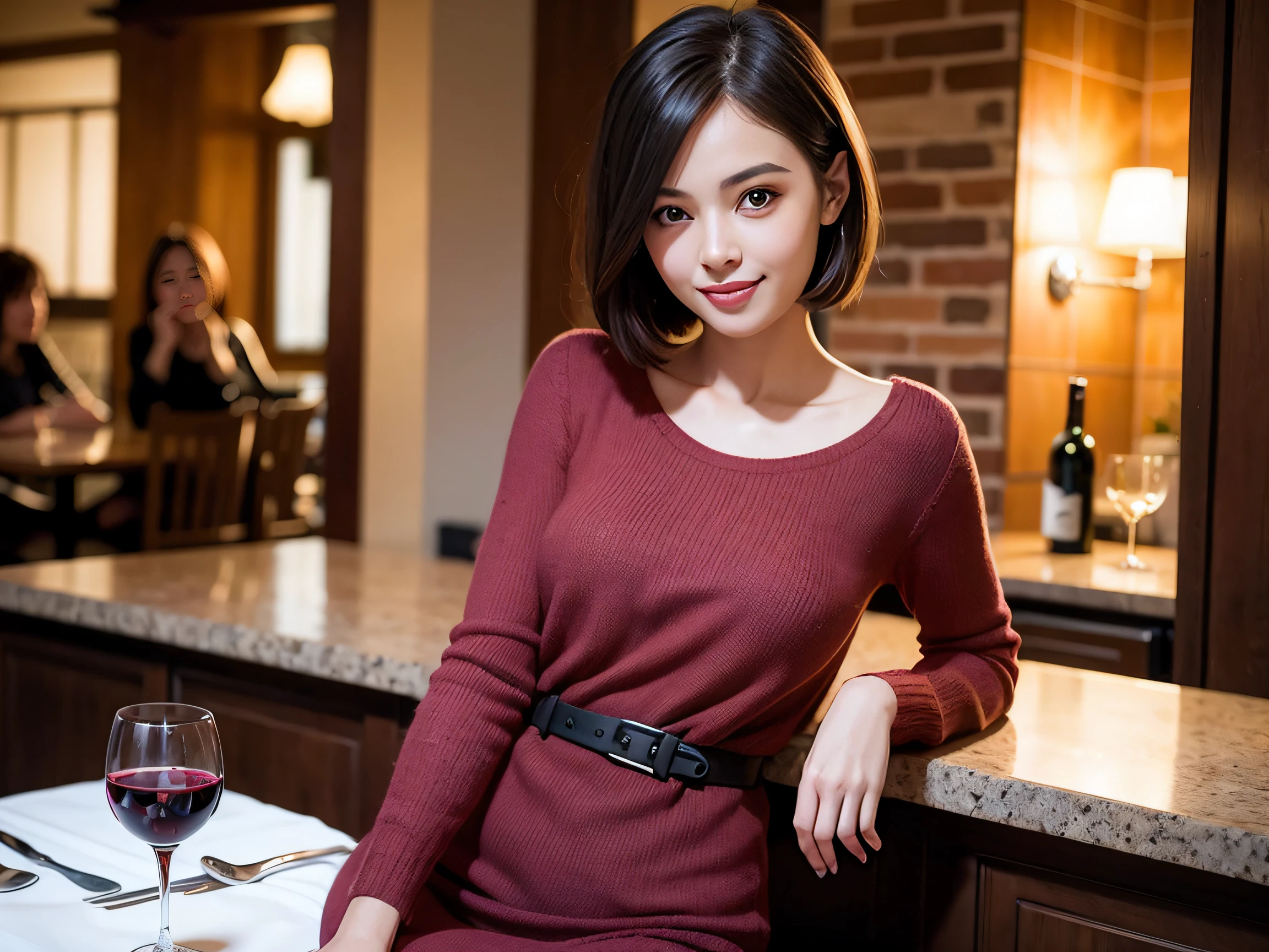 (64k uhd、nffsw、top-quality、​masterpiece:1.2)、(realisitic、Photorealsitic:1.37)、ultra-detailliert、Lovely woman with a smile、wine glasses、enjoying a glass of wine、a matural female、Two cute women、(Slim Faces)、(Slim body)、（brawn hair）、(short-cut)、smiling french woman、happy italian girl、British woman、Americana、blush a little on the cheeks、(44 years old)、38 years、red wine、Beautiful detailed urban night view outside the window、resturant、Wine glasses in a prominent place、natta、(from waist up)、sitting on、date、(A smile:1.15)、Beautiful fine eyes、bustup、Cashmere sweater、long-sleeved dresses、japanes、(short-hair:1.2)、Float NovaFrogStyle、女優、modeled、from waist up、white wine、Slimed、wine glasses、Super beautiful night view、Put the wine glass in the middle、Happy smile、(8K、Raw photography、top-quality、​masterpiece:1.2)、(realisitic、Photorealsitic:1.37)、ultra-detailliert、超A high resolution、2 females、see the beholder、beautifull detailed face、A smile、Constriction、(Slim waist) :1.3)、knit shirt、Beautiful detailed skin、Skin Texture、floated hair、profetional lighting、middlebreasts、eyes gentle