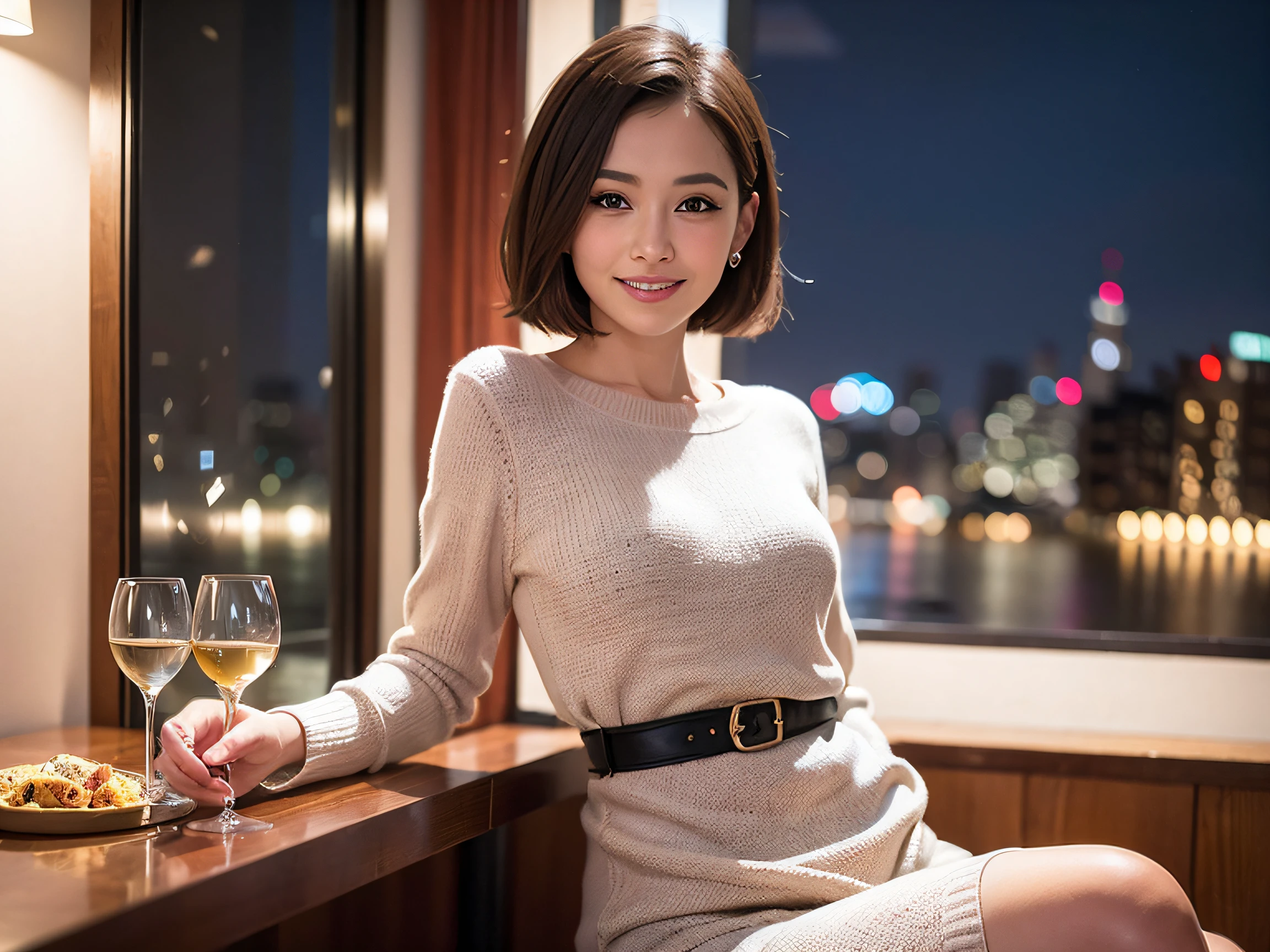 (64k uhd、nffsw、top-quality、​masterpiece:1.2)、(realisitic、Photorealsitic:1.37)、ultra-detailliert、Lovely woman with a smile、wine glasses、enjoying a glass of wine、a matural female、Two cute women、(Slim Faces)、(Slim body)、（brawn hair）、(short-cut)、smiling french woman、happy italian girl、British woman、Americana、blush a little on the cheeks、(44 years old)、38 years、red wine、Beautiful detailed urban night view outside the window、resturant、Wine glasses in a prominent place、natta、(from waist up)、sitting on、date、(A smile:1.15)、Beautiful fine eyes、bustup、Cashmere sweater、long-sleeved dresses、japanes、(short-hair:1.2)、Float NovaFrogStyle、女優、modeled、from waist up、white wine、Slimed、wine glasses、Super beautiful night view、Put the wine glass in the middle、Happy smile、(8K、Raw photography、top-quality、​masterpiece:1.2)、(realisitic、Photorealsitic:1.37)、ultra-detailliert、超A high resolution、2 females、see the beholder、beautifull detailed face、A smile、Constriction、(Slim waist) :1.3)、knit shirt、Beautiful detailed skin、Skin Texture、floated hair、profetional lighting、middlebreasts、eyes gentle