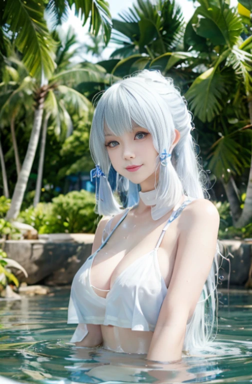 ayaka, Wet, soaking, (Best quality,4K,8K,A high resolution,tmasterpiece:1.2),ultra - detailed,(actual,realistically,realistically:1.37), White hair, huge boob,Colossal tits,blue colored eyes, Black translucent bra,Black panty,Wet panties, bare-legged,Lying under the coconut trees by the sea,Ultra-low angle shooting, water dripping, glistning skin,Covered in sweat,There is an unknown white liquid on the body,Happy smile