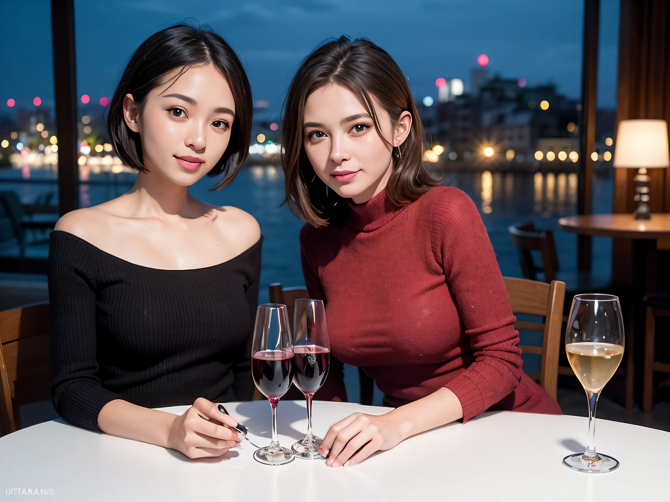 (64k uhd、nffsw、top-quality、masterpiece:1.2)、(realisitic、Photorealsitic:1.37)、ultra-detailliert、Lovely woman with a smile、wine glasses、enjoying a glass of wine、a matural female、Two cute women、(Slim Faces)、(Slim body)、(brawn hair)、(short-cut)、smiling french woman、happy italian girl、British woman、Americana、blush a little on the cheeks、(44 years old)、38 years、red wine、Beautiful detailed urban night view outside the window、resturant、Wine glasses in a prominent place、natta、(from waist up)、sitting on、date、(A smile:1.15)、Beautiful fine eyes、bustup、Cashmere sweater、long-sleeved dresses、japanes、(short-hair:1.2)、Float NovaFrogStyle、女優、modeled、from waist up、white wine、Slimed、wine glasses、Super beautiful night view、Put the wine glass in the middle、Happy smile、(8K、Raw photography、top-quality、masterpiece:1.2)、(realisitic、Photorealsitic:1.37)、ultra-detailliert、超A high resolution、2 females、see the beholder、beautifull detailed face、A smile、Constriction、(Slim waist) :1.3)、knit shirt、Beautiful detailed skin、Skin Texture、floated hair、profetional lighting、middlebreasts、eyes gentle