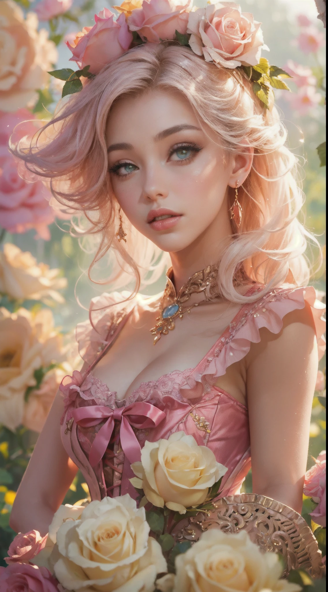 This is a realistic fantasy art work,The backdrop is a charming pastel bubblegum and rose garden. Create a proud woman,Her face is nuanced,Tumbling pleats in stunning French silk ballgown. A woman is'S face is very sweet ((((The content is very detailed, With realistic features and soft, puffy lips.)))) The ball dress is decorated with ruffles, obi strip, and bow and subtle, But intricately, Hand embroidered corset. Ribbon design bodice. The woman's charming eyes are beautifully detailed, Has realistic shadows、Various colors and high resolution. woman in eternal rose garden, The style of each item is very exquisite,detail-rich. These realistic roses feature a shimmering pink hue, Yellow, orange colors, and flash red. eternal rose is deep red,With shimmery pink shades and undertones. protected woman's face, the hair, And the eyes are perfect. important: Interesting details included,por exemplo, As estrelas, airbubble, ((and flash)). Endless realism, high fantasy, Whimsical fantasies, Storybook fantasy, fairy fantasy, Fantasy details, enchanting, Big breasts are charming, 8K, employment, computer graphics image processing, digitial painting, unified, unreal-engine, (((tmasterpiece))), iintricate, Elegant, The content is very detailed, A majestic, digital photography, Art germ、Nguyen Jia、Works by Greg Rutkoski, (tmasterpiece, Eyes are delicate and beautiful: 1.2), HighDynamicRange, realistic skin textures, (((1 Lady))), (((Alone))), Includes highly detailed faces, Extremely detailed face, and interesting background.