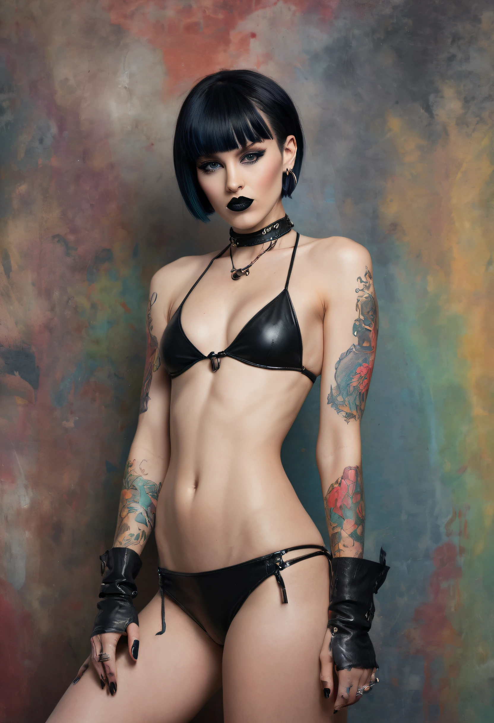a bright, extremely colorful, watercolor stained wall in the background -- an extremely beautiful, thin, petite, athletically muscular Tina Tarzan, the screamo rock goddess, with pixie-cut black hair, multiple heavy metal tattoos, multiple piercings, and an extremely stacked body, with great big, giant tits, wearing an extremely short, scanty, black leather string bikini and knee-high platform boots, black lipstick, black, sultry eye shadow, black fingernail polish, professional quality digital photograph, in the style of Gilbert Stuart,
