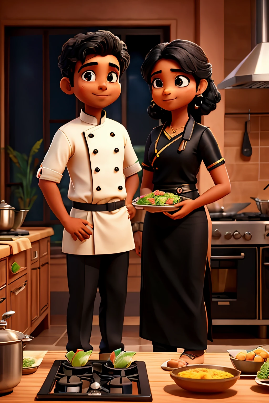 A Tamil chef boy wearing a full black chef jacket and cooking while a Tamil girl in saree standing beside him and admiring him.they are cooking together in kitchen.