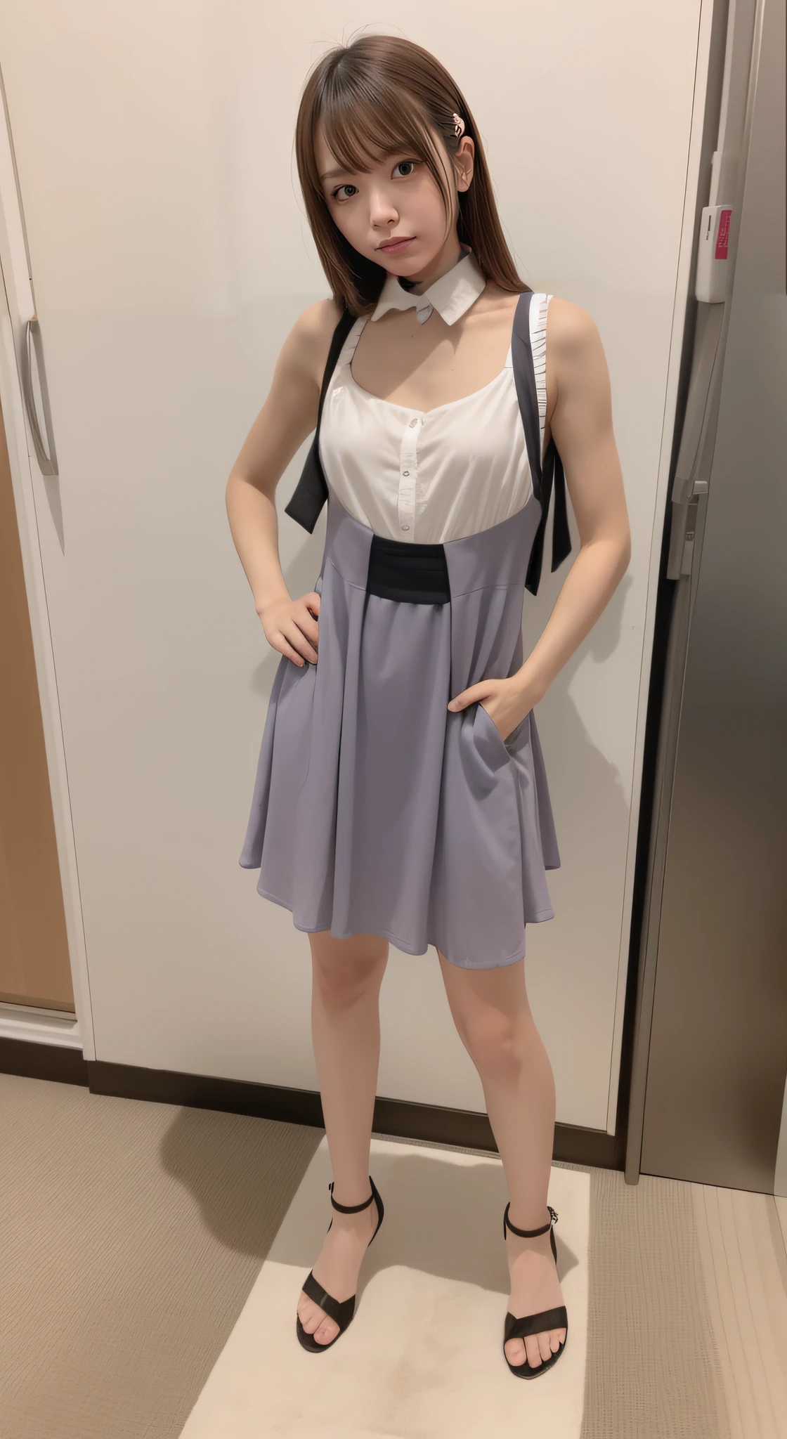 of the highest quality, Idol with slender body, front facing, Well-proportioned body, Exhibited, Event Hall, Moe Pose, Black Maid Dress, Standing with legs open, Hands on hips, Model body type