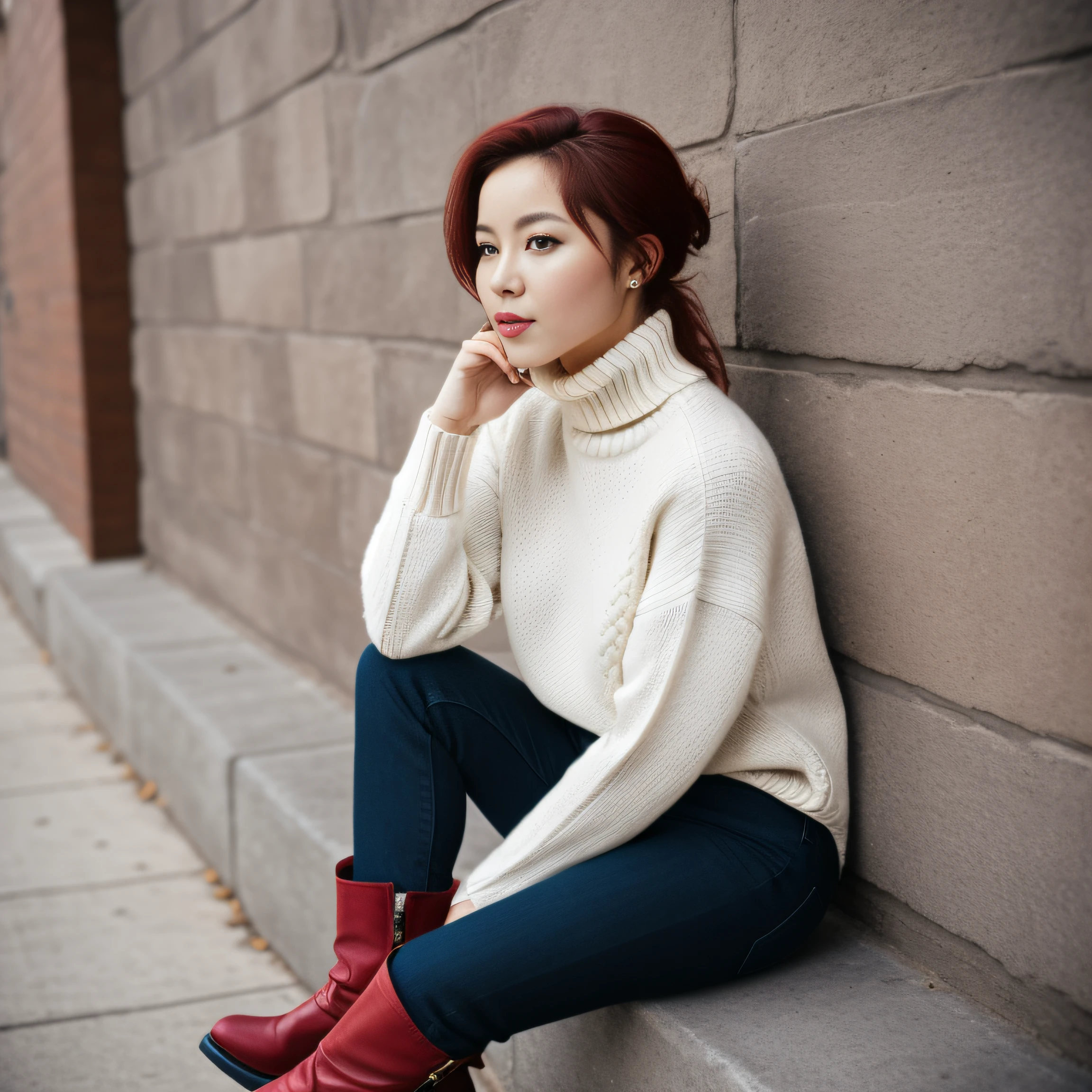 araffe redhair woman sitting on a fence in a red sweater and black boots, 25 year old woman, wearing a red turtleneck sweater, perfectly poised, casual pose, wearing a red outfit, attractive pose, shot from the side, thoughtful pose, full length shot, striking pose, cinematic full shot, very artistic pose, voluminous sleeves, cool pose, leaning against the wall, sitting with a singular knee up facing half facing viewer, sexually ripped clothing
