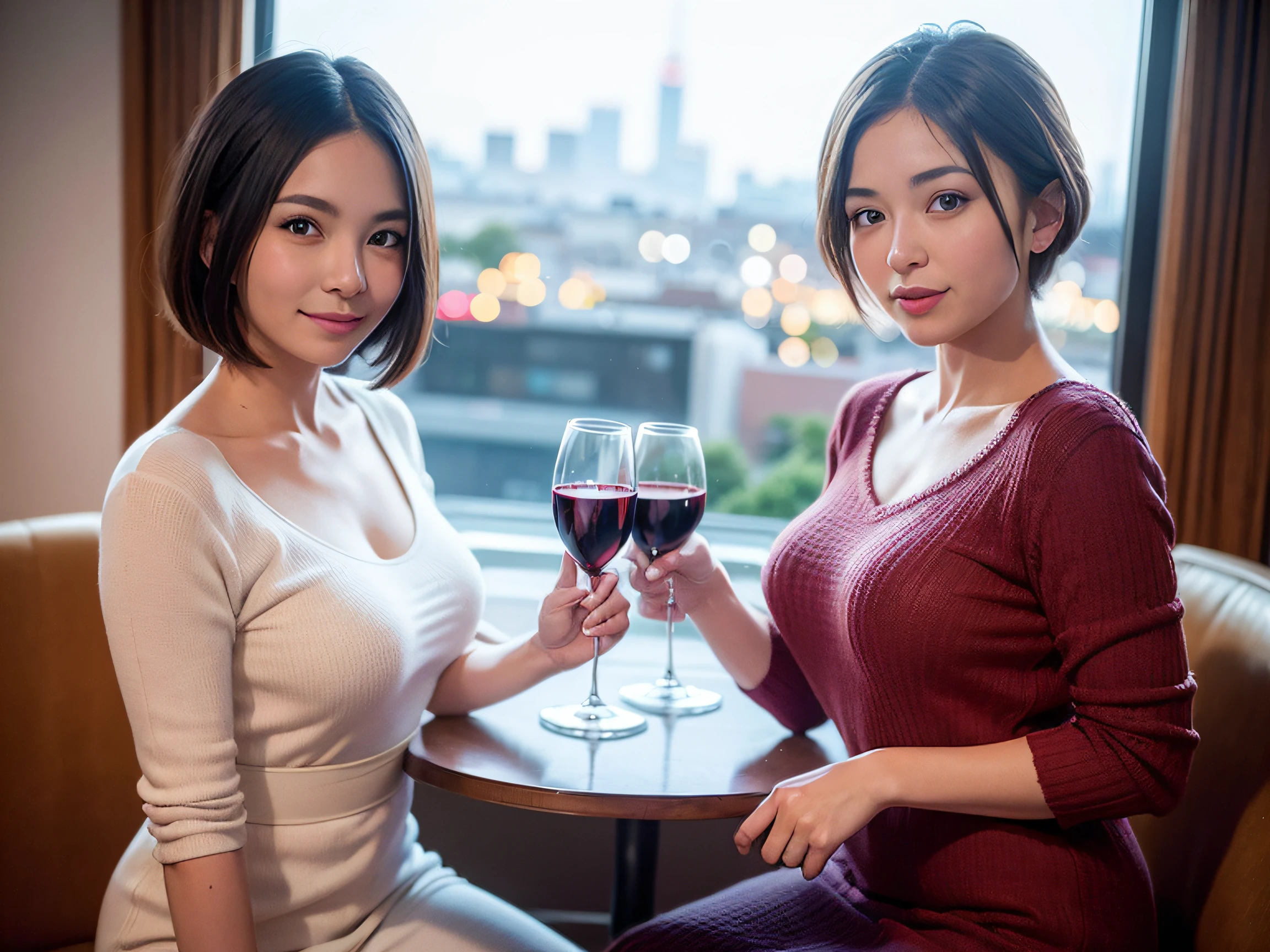 (64k uhd、nffsw、top-quality、​masterpiece:1.2)、(realisitic、Photorealsitic:1.37)、ultra-detailliert、Lovely woman with a smile、wine glasses、enjoying a glass of wine、a matural female、Two beautiful women、(Slim Faces)、(Slim body)、（brawn hair）、(short-cut)、smiling french woman、happy italian girl、British woman、Americana、blush a little on the cheeks、(36-years old)、38 years、red wine、Beautiful detailed urban night view outside the window、resturant、Wine glasses in a prominent place、natta、(from waist up)、sitting on、date、(A smile:1.15)、Beautiful fine eyes、bustup、Cashmere sweater、long-sleeved dresses、japanes、(short-hair:1.2)、Float NovaFrogStyle、女優、modeled、from waist up、white wine、Slimed、wine glasses、Super beautiful night view、Put the wine glass in the middle、Happy smile、(8K、Raw photography、top-quality、​masterpiece:1.2)、(realisitic、Photorealsitic:1.37)、ultra-detailliert、超A high resolution、2 females、see the beholder、beautifull detailed face、A smile、Constriction、(Slim waist) :1.3)、knit shirt、Beautiful detailed skin、Skin Texture、floated hair、profetional lighting、middlebreasts、eyes gentle