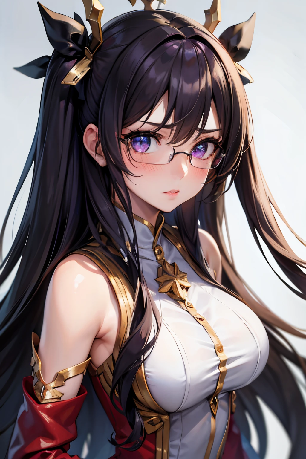 (masterpiece), best quality, expressive eyes, perfect face, 1girl, solo, ishtar, ishtar fate, purple eyes, eye glasses, black hair, gold hair ribbon, long hair, twintails hair, ribbon, Red Jacket with White Shirt, city background, upper body, portrait, looking at viewer, face blushing, shy pose, shy girl, tsundere, medium breast, close up face, armpit, gold hair ribbon