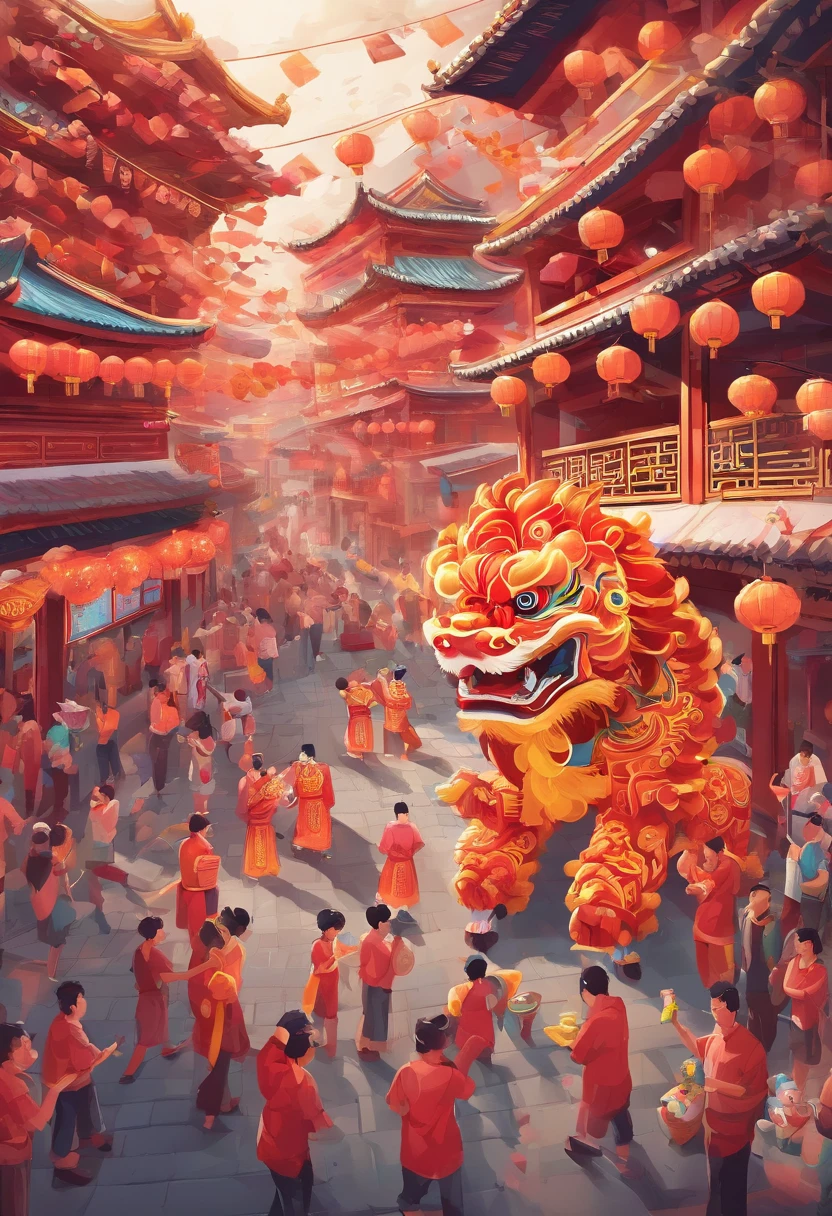lion dance, depth of fields，jubilant, festivity, Excited, Streamer Chinese Dragon、Tiny cute、ultra - detailed、8ｋ、Realistic depiction、Lively night market in the background、fire works、Firecrackers