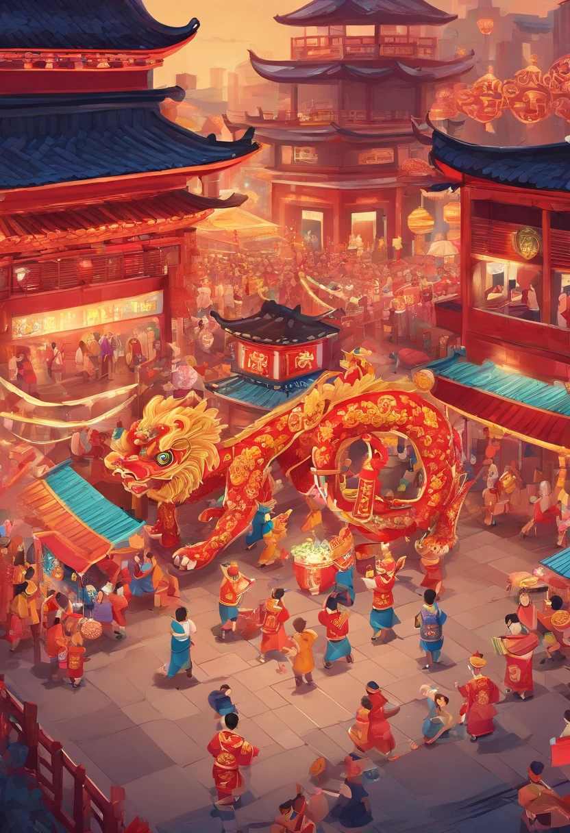 lion dance, depth of fields,jubilant, festivity, Excited, Streamer Chinese Dragon、Tiny cute、ultra - detailed、8k、Realistic depiction、Lively night market in the background、fire works、Firecrackers
