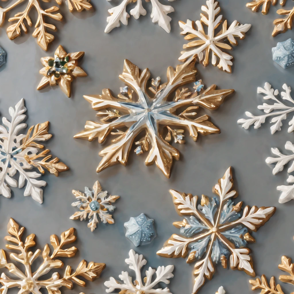 christmas ceramic snowflakes,painting, detailed,beautifully crafted,ornate design,sparkling glaze,shimmering snowflakes,festive colors,meticulously hand-painted, delicate brushstrokes,paintbrush,brilliant hues,reflection of light,celestial patterns,gold accents,crystal-clear finish,subtle texture,experts at work,naturalistic depiction,timeless masterpiece,precision and finesse,elegant and refined,tiny details,portraits