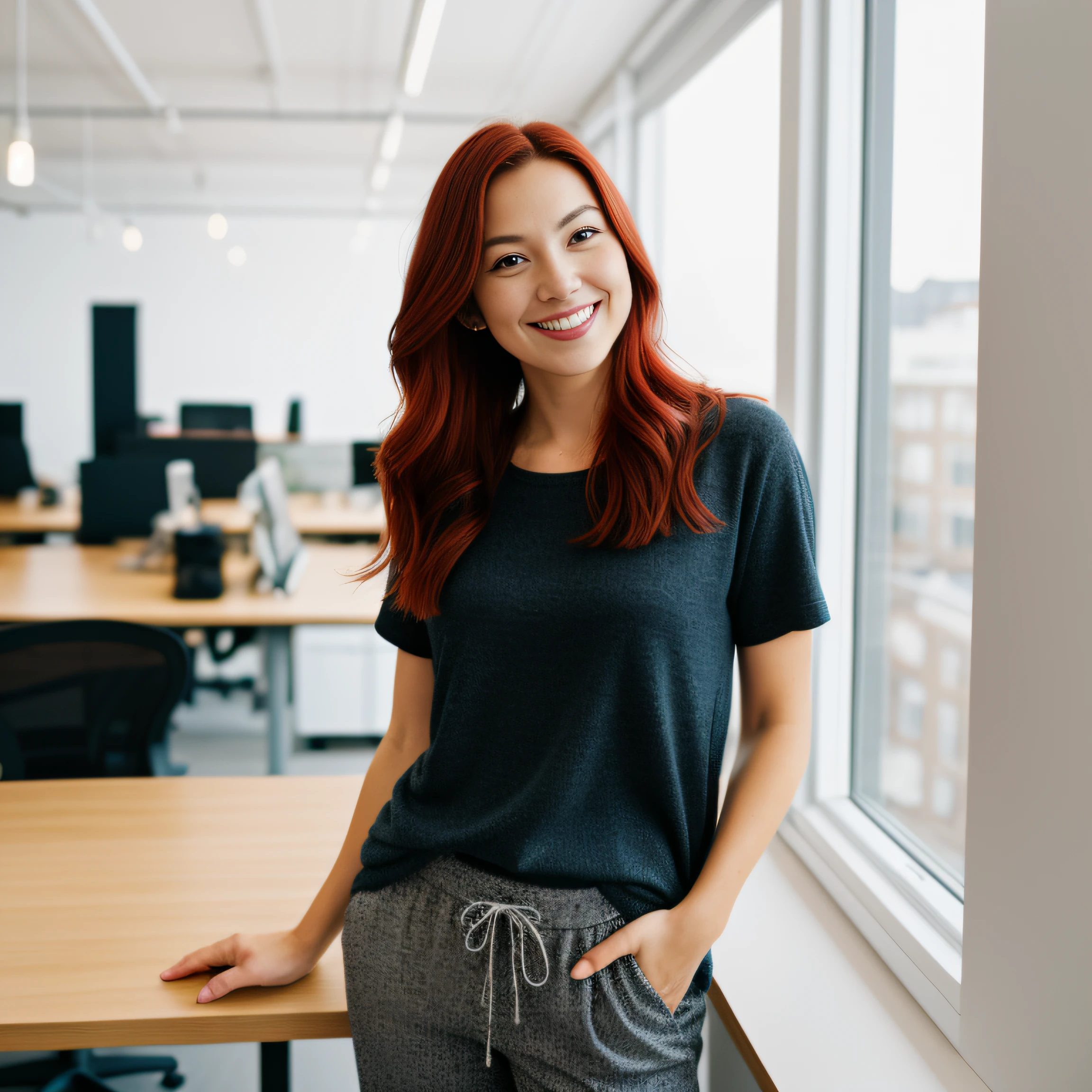 RAW Photo, DSLR BREAK a young red hair woman (light smile:0.8), (smile:0.5), wearing sexy shirt and trousers, causal clothes, (looking at viewer), focused, (modern and cozy office space), design agency office, spacious and open office, Scandinavian design space BREAK detailed, natural light