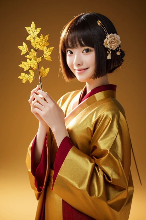 Close-up of a woman holding a tree branch in her hands, Digital art inspired by Jinnon, trending on cg society, Digital Art, japonisme 3 d 8 k ultra detailed, beautiful digital works of art, artwork in the style of guweiz, 3 d anime realistic, elegant japanese woman, realistic anime 3 d style, realistic digital art 4 k,gold background,Golden Luck,kimono,directly in front,Golden Luck,Mysterious,spiritual,masuter piece,masuter piece,masuter piece,The upper part of the body,japanes,21years old,a beauty girl,one girls,directly in front,facing front,A slight smil,smiling,Eyes are also smiling,