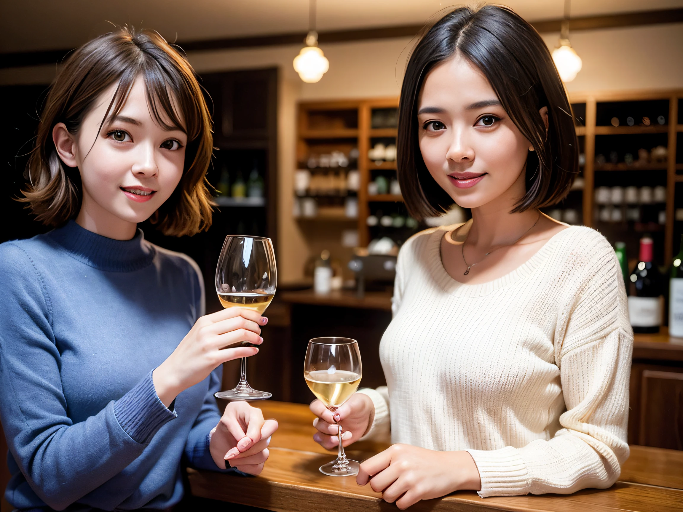 (64k uhd、nffsw、top-quality、​masterpiece:1.2)、(realisitic、Photorealsitic:1.37)、ultra-detailliert、A delightful、Happy、Happiness、Happy、Wine lover、I'm a little drunk、Happy、Feeling the best、Lovely woman with a smile、1 persons１Each comes with a wine glass、wine glasses、enjoying a glass of wine、a matural female、Two beautiful women、(Slim Faces)、(Slim body)、（brawn hair）、(short-cut)、smiling french woman、happy italian girl、British woman、Americana、blush a little on the cheeks、(36-years old)、38 years、red wine、Beautiful detailed urban night view outside the window、resturant、Wine glasses in a prominent place、natta、(from waist up)、sitting on、date、(A smile:1.15)、Beautiful fine eyes、bustup、Cashmere sweater、long-sleeved dresses、japanes、(short-hair:1.2)、Float NovaFrogStyle、女優、modeled、from waist up、white wine、Slimed、wine glasses、Super beautiful night view、Put the wine glass in the middle、Happy smile、(8K、Raw photography、top-quality、​masterpiece:1.2)、(realisitic、Photorealsitic:1.37)、ultra-detailliert、超A high resolution、2 females、see the beholder、beautifull detailed face、A smile、Constriction、(Slim waist) :1.3)、knit shirt、Beautiful detailed skin、Skin Texture、floated hair、profetional lighting、middlebreasts、eyes gentle