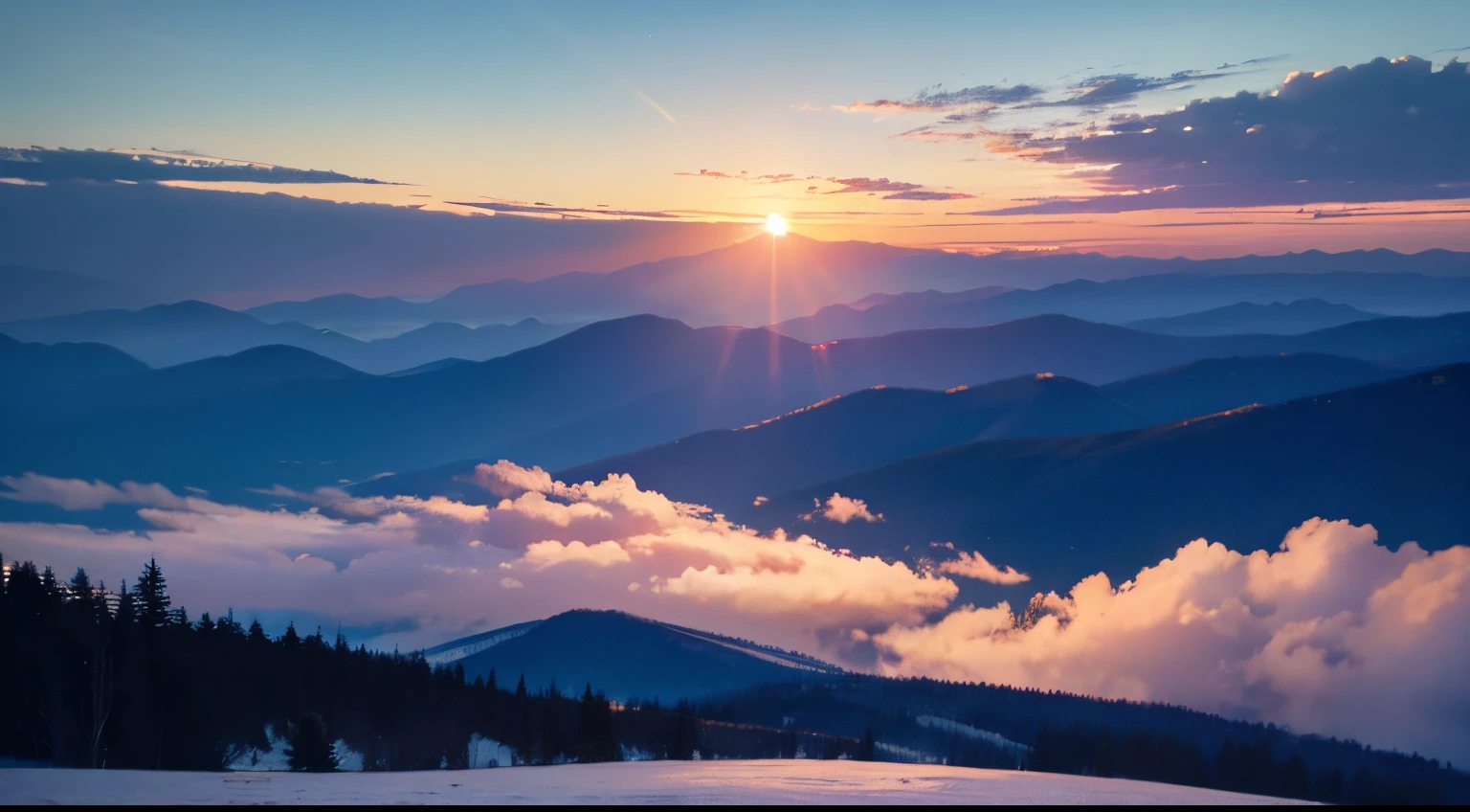 Looking at the distant mountains in the air、Abundance、flod、Sunset