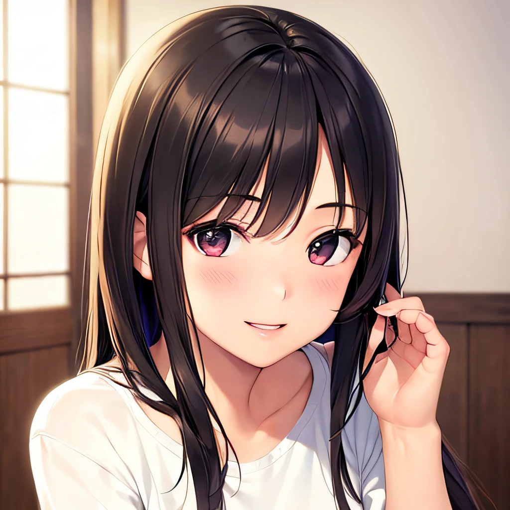 photographrealistic, (masutepiece,Best Quality:1.4),(8K,Raw photo,photographrealistic:1.2), Detailed skin,Detailed face,1girl in,Japanese Idol,Cute face, Black hair,slender, shiny eyes, Smile, BREAK (Side view:0.6), Cute casual outfit