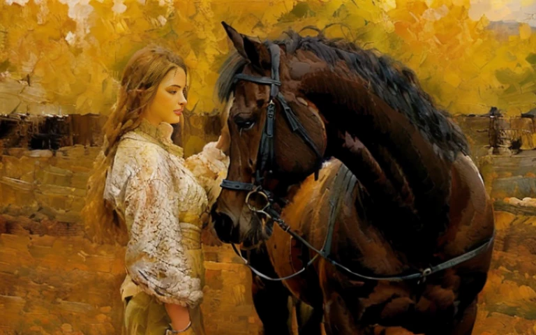 A woman stands next to a horse in a fenced area,  handsome girl, with a harnessed horse, , beautiful image, Equestrian photography, , beautiful model, gorgeous lady, golden hour, meadow, painting style, visible paint strokes, impressionism