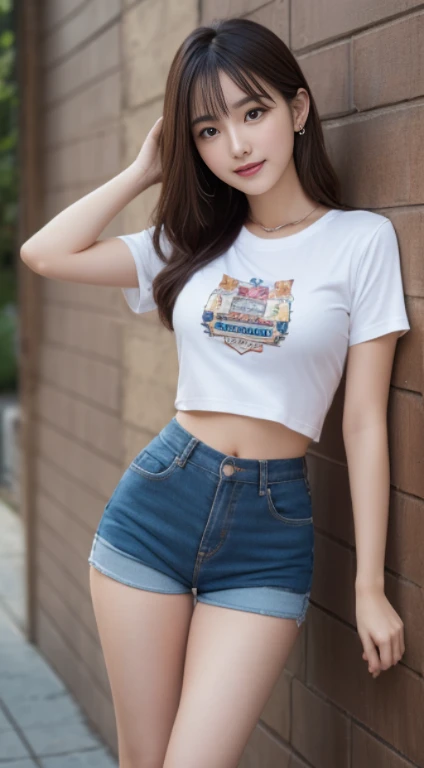 masutepiece, Best Quality, Ultra-detailed, finely detail, hight resolution, 8K Wallpaper, Beautiful detailed eyes, Longhaire, Smile,Influencer a 25 year old girl、Beautiful Navel T-shirt shortpants Sexy shot looking at camera, Brass Strap Display