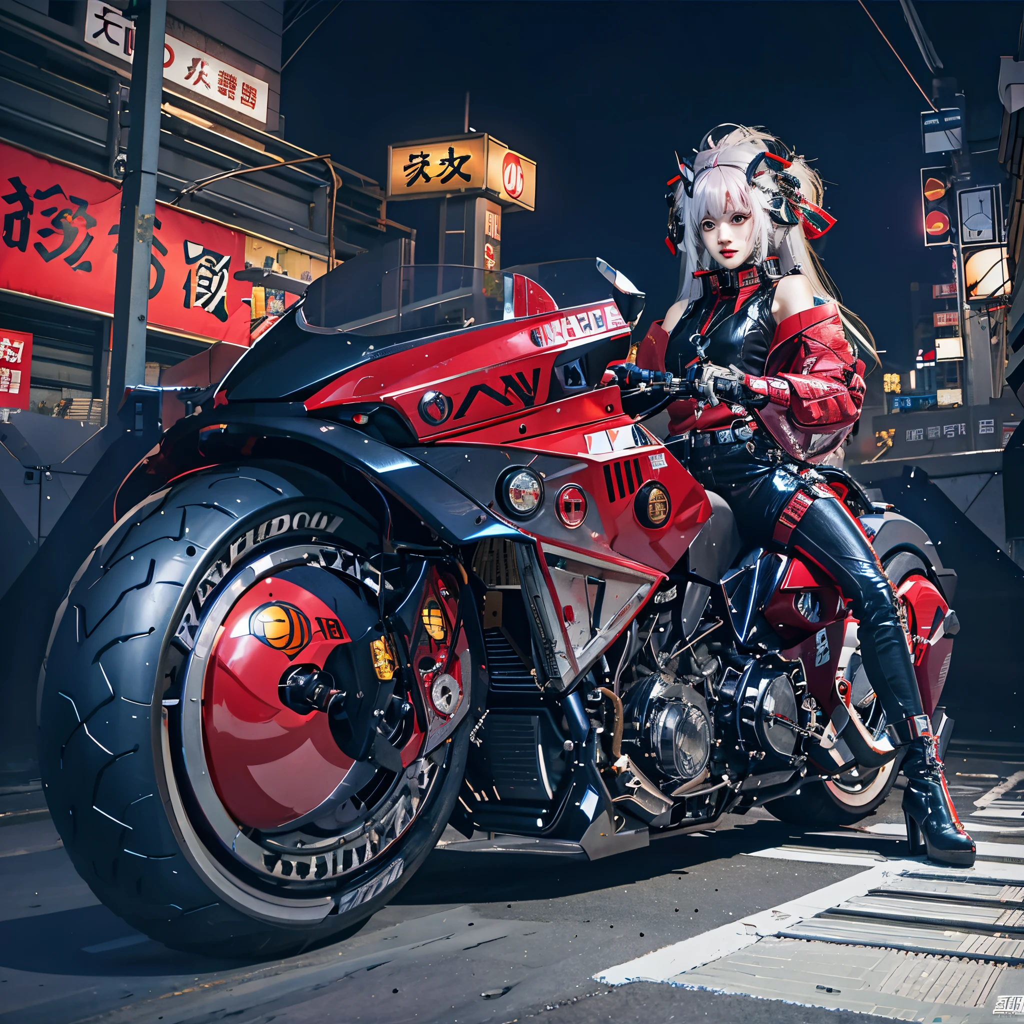 Anime girl in Santa Claus costume sitting on a motorcycle in the night city, The bike is in Christmas colors、A sled full of presents is connected to the back of the bike.、the background is covered with snow、Christmas atmosphere cyberpunk sitting on bike, 动漫赛博朋克艺术, Digital Cyberpunk Anime Art, Cyberpunk Anime Girl, cyberpunk anime art, female cyberpunk anime girl, digital cyberpunk - anime art, akira motorcycle, riding a futuristic motorcycle, modern cyberpunk anime, anime cyberpunk, cyberpunk art style, Cyberpunk anime girl mecha, akira's motorcycle