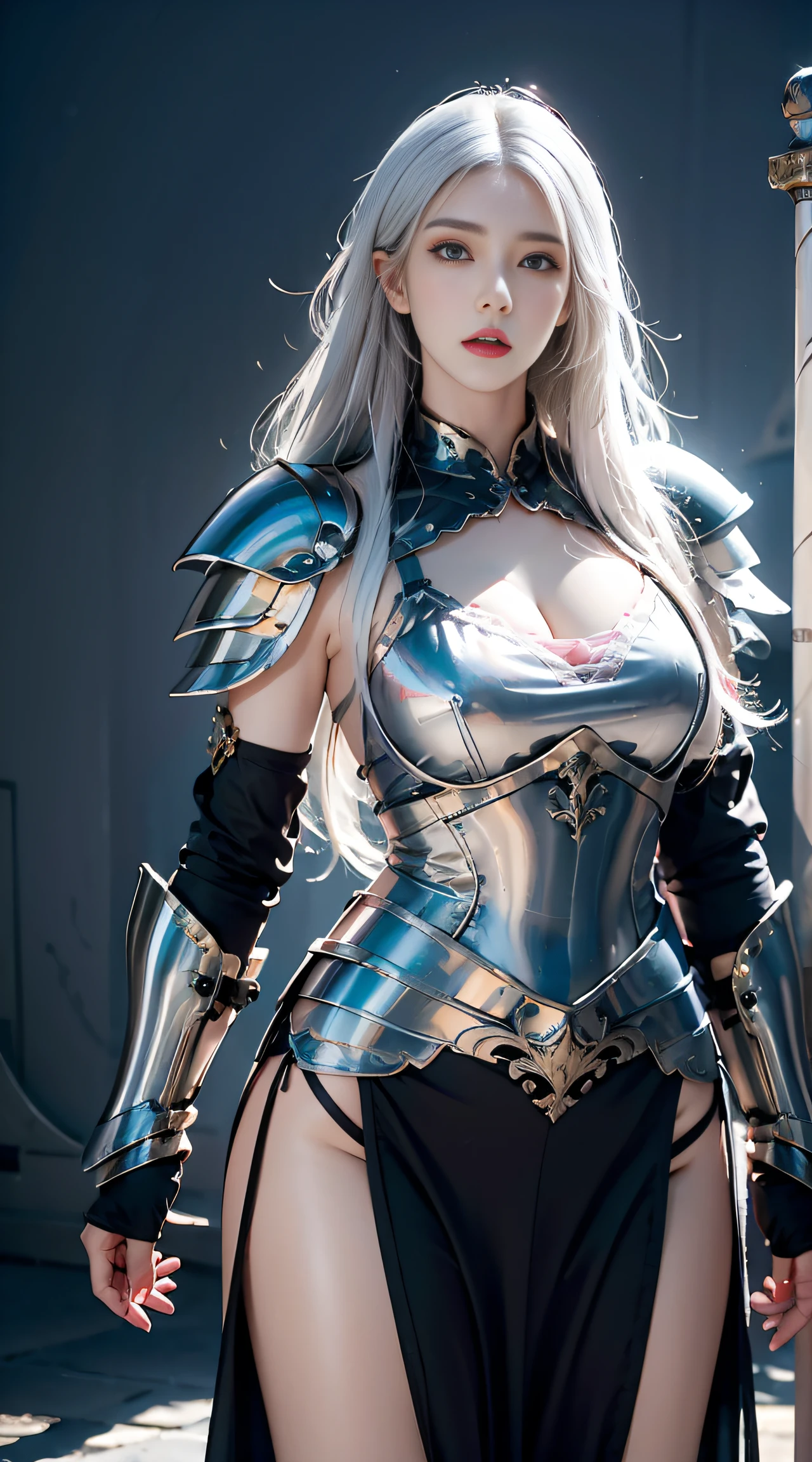 photorealistic, high resolution, 1women, shining skin, solo, jewelry, pink lips, long white hair, blue eyes, closed mouth, hips up, fantasy armor, armed with a sword, wearing heavy armor LnF