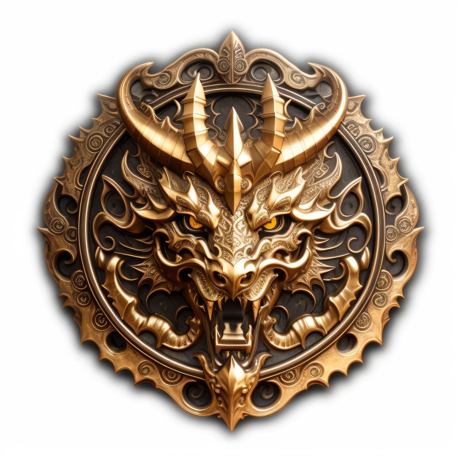 There is a metal western faucet,metal dragon face, Golden Dragon, drank, faucet, dragon centered, 3D design, ryujin, Strong metallic texture,Metal dragon shield,Gothic style,Cool,