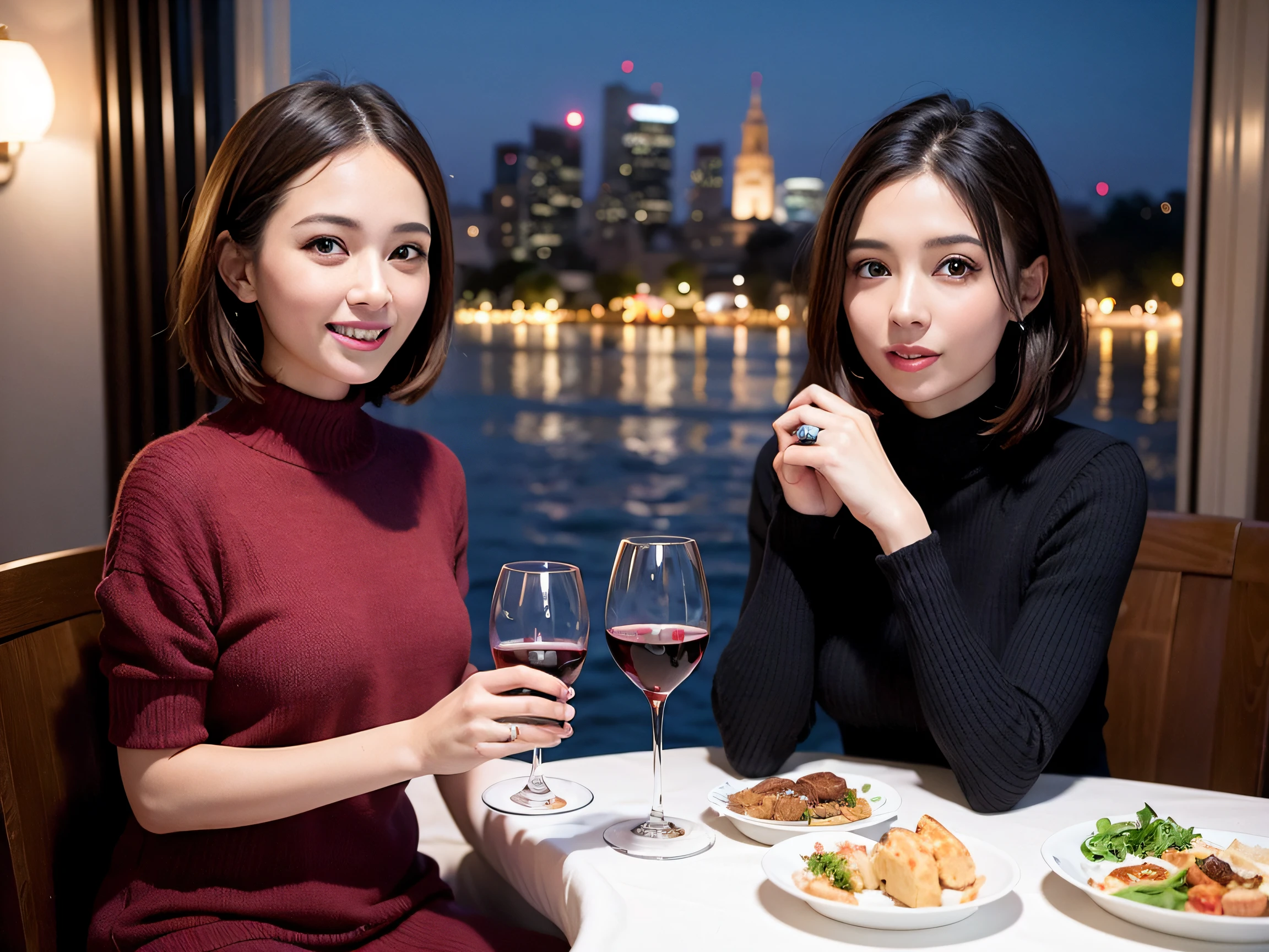 (64k uhd、nffsw、top-quality、​masterpiece:1.2)、(realisitic、Photorealsitic:1.37)、ultra-detailliert、wine glasses、enjoying a glass of wine、a matural female、Two pretty women、(Slim Faces)、(Slim body)、（brawn hair）、(short-cut)、smiling french woman、happy italian girl、British woman、Americana、blush a little on the cheeks、(46 years old)、48yo、red wine、Beautiful detailed urban night view outside the window、resturant、Wine glasses in a prominent place、natta、(from waist up)、sitting on、date、(A smile:1.15)、Beautiful fine eyes、bustup、Cashmere sweater、long-sleeved dresses、japanes、(short-hair:1.2)、Float NovaFrogStyle、女優、modeled、from waist up、white wine、Slimed、wine glasses、Super beautiful night view、Put the wine glass in the middle、Happy smile、(8K、Raw photography、top-quality、​masterpiece:1.2)、(realisitic、Photorealsitic:1.37)、ultra-detailliert、超A high resolution、2 females、see the beholder、beautifull detailed face、A smile、Constriction、(Slim waist) :1.3)、knit shirt、Beautiful detailed skin、Skin Texture、floated hair、profetional lighting、middlebreasts、eyes gentle