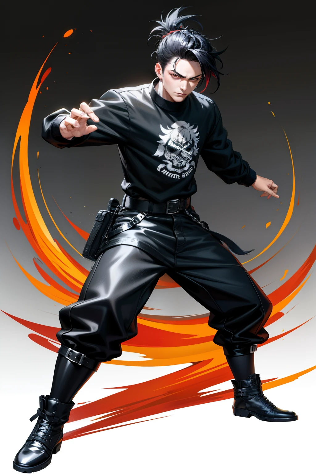 Teenage boy, hair up like a rooster, Wearing black clothes, fighting stance, full body, Black hair