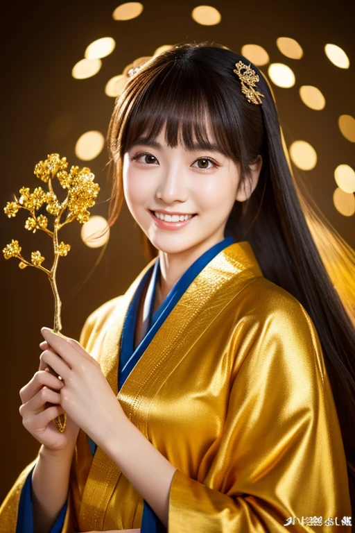 Close-up of a woman holding a tree branch in her hands, Digital art inspired by Jinnon, trending on cg society, Digital Art, japonisme 3 d 8 k ultra detailed, beautiful digital works of art, artwork in the style of guweiz, 3 d anime realistic, elegant japanese woman, realistic anime 3 d style, realistic digital art 4 k,gold background,Golden Luck,kimono,directly in front,Golden Luck,Mysterious,spiritual,masuter piece,masuter piece,masuter piece,The upper part of the body,japanes,21years old,a beauty girl,one girls,directly in front,facing front,directly in front,facing front,directly in front,facing front,A slight smil,smiling,Eyes are also smiling,goddes,God,GOD,goddes,God,GOD,
