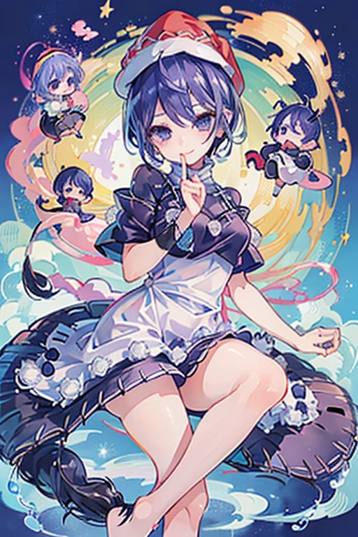 ((Best quality at best: 1.1), ((Anime girl in purple skirt)), in an art nouveau style, Shown in, ((blue hairs))、Short hair details、((Jewel-like eyes and long transparent eyelashes))、Very beautiful girl, Anime manga girl, ((bare-legged)),Inspired by Reiko Ikemura, Aya Takano color style, Dragon Queen&#39;art-style, Tsundere personality, Guang Huili、with smile，Sit Pose，Short hair details，With a hat on，Black and white clothes，tapir tail，Close one eye，ssmile，Place your index finger over your mouth，background starry sky，Fantasy complex background