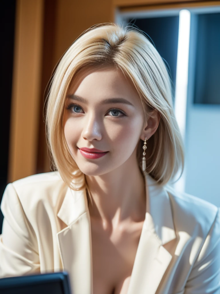 tmasterpiece，Highest image quality，super detailing，rnsexy smile，amazing face and eyes, cosmetics, (extremely detailed beautiful face), (The sexiest look), Snow-white breasts，Naked of breast，(Best quality:1.4), (ultra - detailed), (extremely detaild的 CG unified 8k wallpapers), The content is very detailed, RAW photos, professional photoshooting, ((buisness suit)), (Open business shirt), Indoor and below, (Office room, Dark Night Classroom,), (nigh sky), depth of fields,face flushed，raised eyebrow，Very shy，blond hair blue eyes，Ruddy complexion，looking at viewert，Dreamcatcher earrings，epic，concept-art，