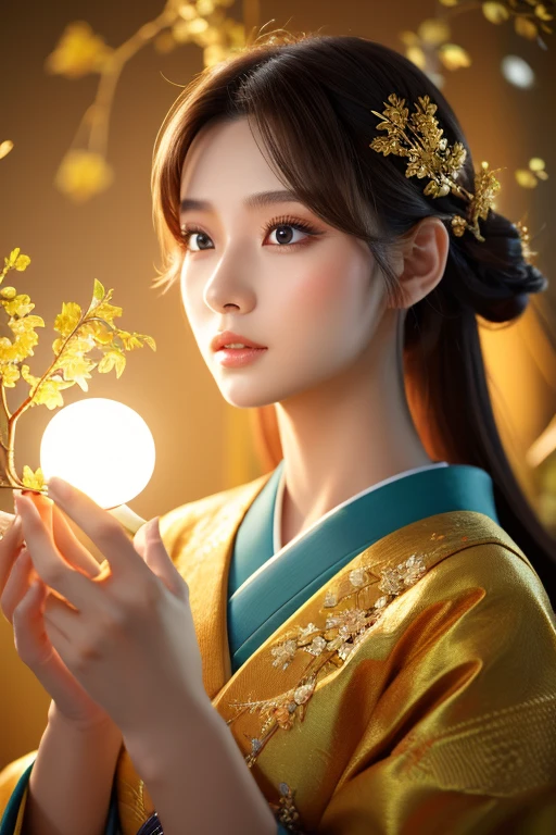 Close-up of a woman holding a tree branch in her hands, Digital art inspired by Jinnon, trending on cg society, Digital Art, japonisme 3 d 8 k ultra detailed, beautiful digital works of art, elegant japanese woman,realistic digital art 4 k,gold background,Golden Luck,kimono,directly in front,Golden Luck,Mysterious,spiritual,masuter piece,masuter piece,masuter piece,The upper part of the body,japanes,21years old,a beauty girl,one girls,directly in front,facing front,The upper part of the body,The upper part of the body,The upper part of the body,The upper part of the body,japanes,21years old,a beauty girl,japanes,21years old,a beauty girl,goddes,God,GOD,goddes,God,GOD,goddes,God,GOD,