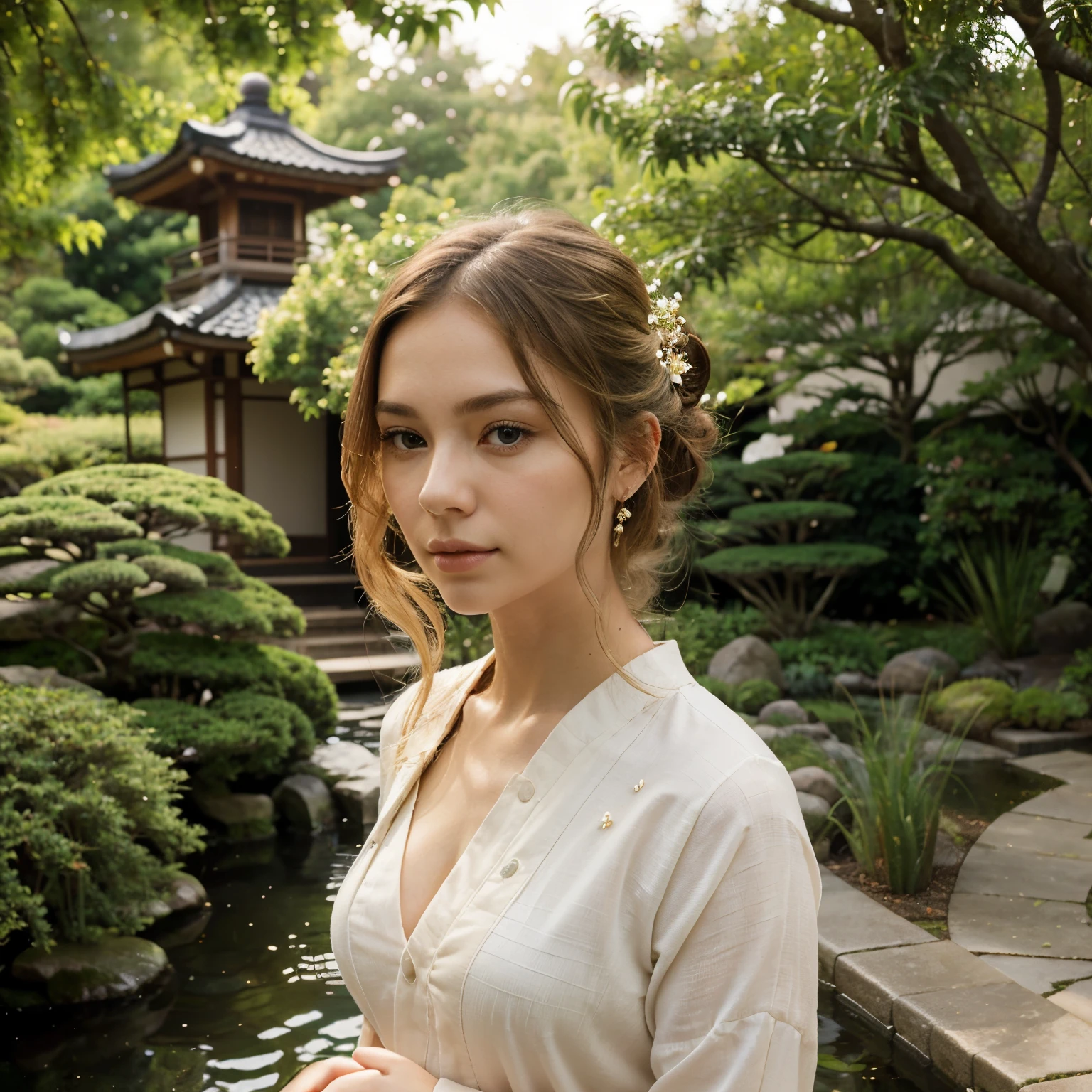 Create an ultra-realistic image of a young woman, precisely matching the figures in the uploaded photographs, serenely walking through a Japanese garden. Her hair should be a glowing golden blonde, styled elegantly yet naturally, complementing the peaceful and traditional setting of the garden. Her eyes, a deep and vibrant blue, should express a sense of tranquility and harmony, reflecting the serene beauty of the surroundings. Her skin is fair and flawlessly smooth, with a texture that captures the subtle, natural light filtering through the garden. Her lips are a gentle pink, adding to her calm and thoughtful expression. She's wearing a refined, understated outfit, perhaps a simple, graceful dress or a sophisticated casual ensemble, suited to the elegant and meditative atmosphere of the Japanese garden. The garden itself is a haven of tranquility, featuring traditional elements like a koi pond, stone lanterns, meticulously pruned trees, and softly curved pathways. The lighting should be soft and diffuse, highlighting her features and the delicate details of the garden. Focus on accurately depicting her golden blonde hair and capturing the lifelike details of her facial features, especially the depth and serenity of her eyes and the natural curve of her lips, creating a scene of elegance and peace. The image should have the quality and clarity of a high-end lifestyle or nature magazine photograph.