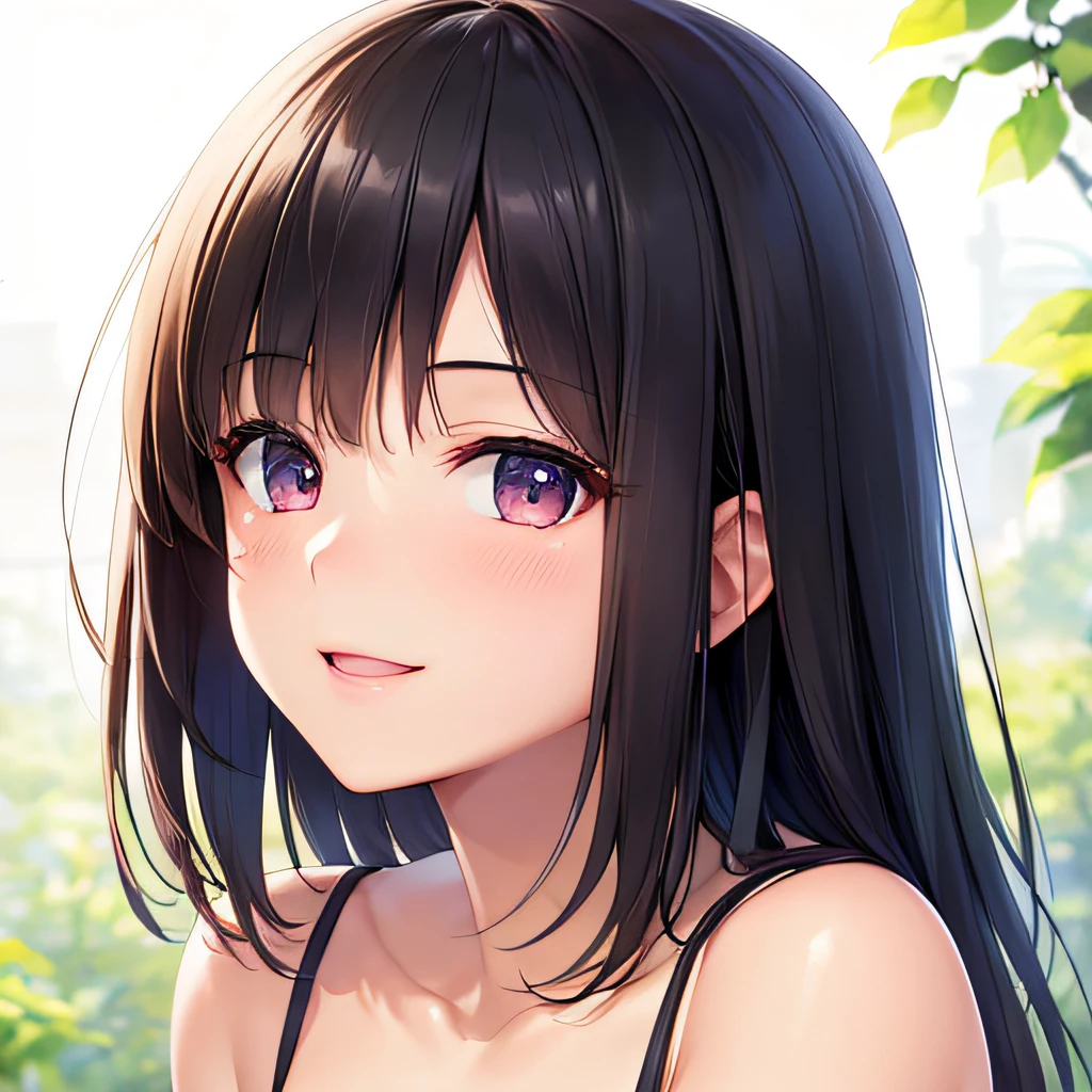 photographrealistic, (masutepiece,Best Quality:1.4),(8K,Raw photo,photographrealistic:1.2), Detailed skin,Detailed face,1girl in,Japanese Idol,Cute face, Black hair,slender, shiny eyes, Smile, BREAK (Side view:0.6), Cute camisole, pastel color