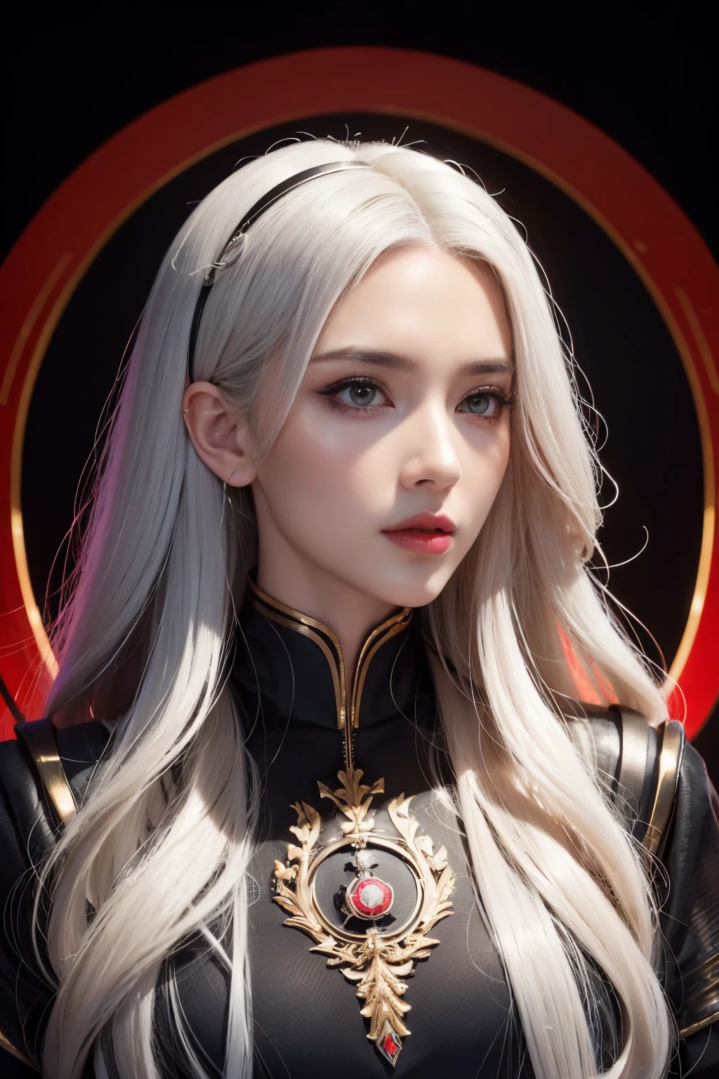 Portrait of a beautiful girl with wavy white hair, wearing a formal black dress with metal parts, red eyes, monograms in the background, digital painting, dark colours, 8k, complex details, vintage, retro futuristic style, sharp focus on the centre, pastel colours, artstation, (sci-fi, future, future theme), (facial expression looking with disdain), (detailed illustration)