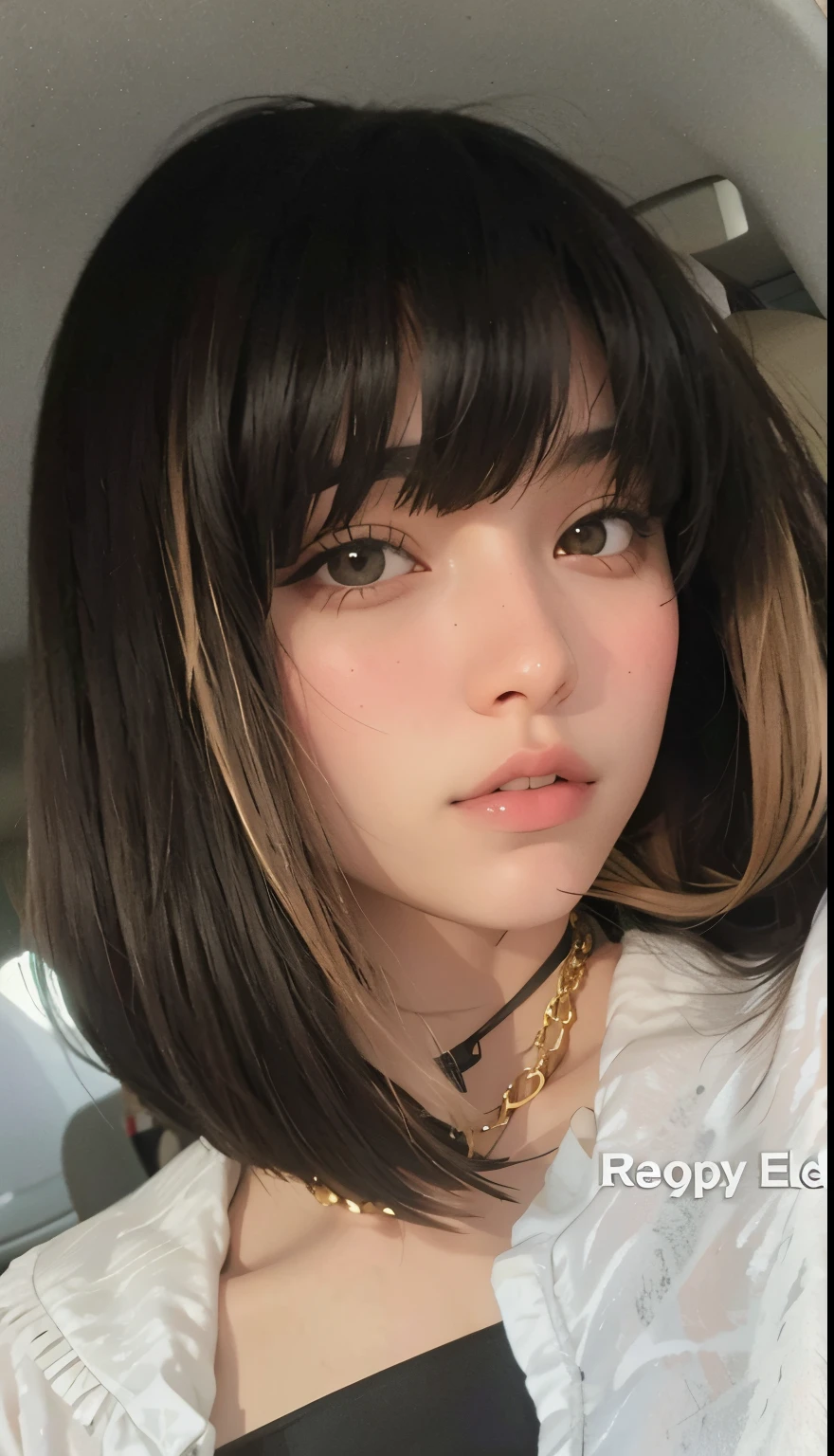 Mujer arafed con corte bob y collar en un coche., brunette with dyed blonde hair, brown hair and bangs, auburn hair with bangs, Ella tiene el pelo negro con flequillo, Cabello limpio con flequillo, flequillo recto, con flequillo, flecos rectos, flequillo de cortina, Kailee Mandel, Joey Rey, con flequillo completo, Imagen de perfil, brown bangs