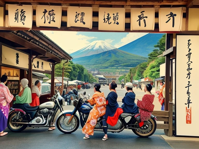 ((ukiyoe painting))、(Beautuful Women:1.5)、group、motor car、shopping street、、Mt fuji、Harley davidson、Motorcycles、Kimono、