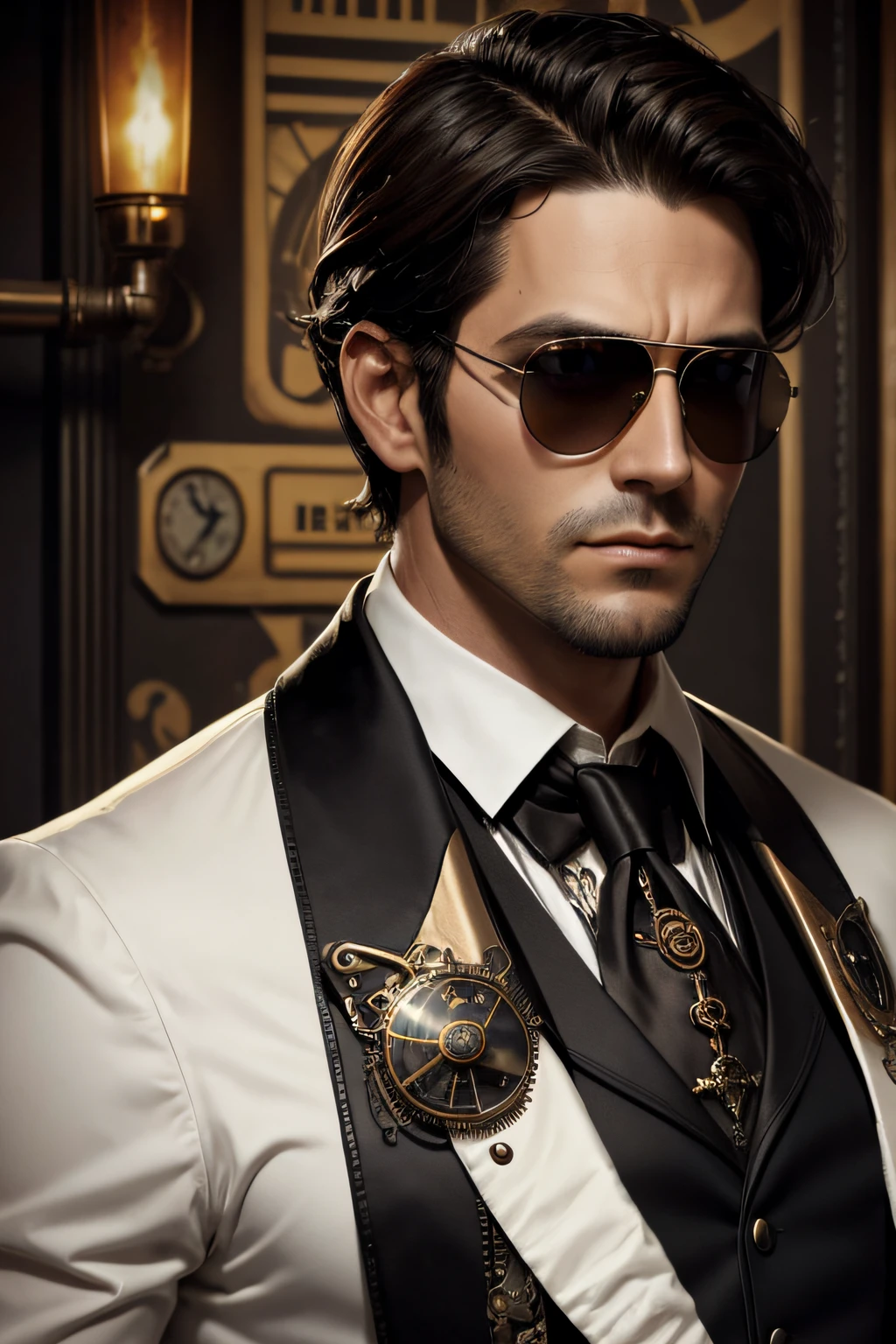 elegante homem de 35 anos, em um terno Steampunk preto com uma camisa branca, cabelo castanho escuro bem cuidado, with sunglasses, Steampunk , barbeado limpo