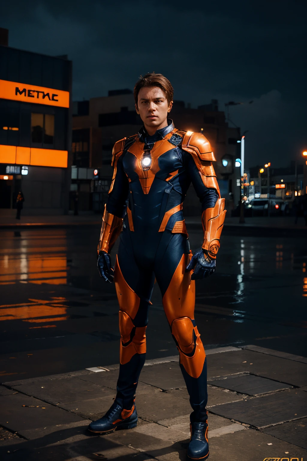 concept-art, Photorealistic, perfect head, Detailed face, Full body, metal suit, Male, Marvel-style character, Brown hair, Brown eyes, black skin, orange-navy blue tight suit, shoulder protections, blue chest and, orange gloves and boots, medallion with blue gem, futuristic asian city background, 8K, hdr, Sharp, Detailed, side view, day light, bright, outdoor