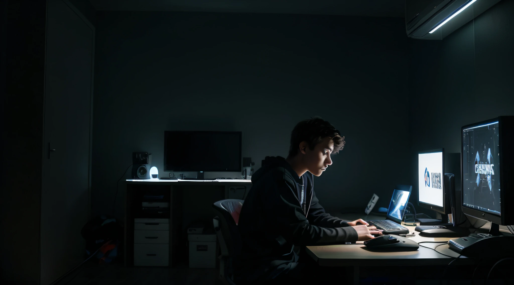 a teenage boy is sitting in from of a gaming desktops, in a dark room, lights are coming only from desktop