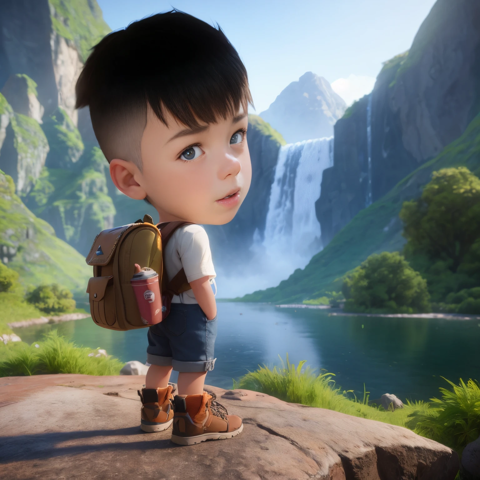 a close up of a cartoon boy with a backpack standing on a rock, adventure hyper realistic render, adorable digital painting, cute 3 d render, 3 d character render, pixar portrait 8 k photo, 3 d animated movie, 3 d render and matte painting, matte painting portrait shot, 3 d character, 3d character, 3 d cartoon, animation style render