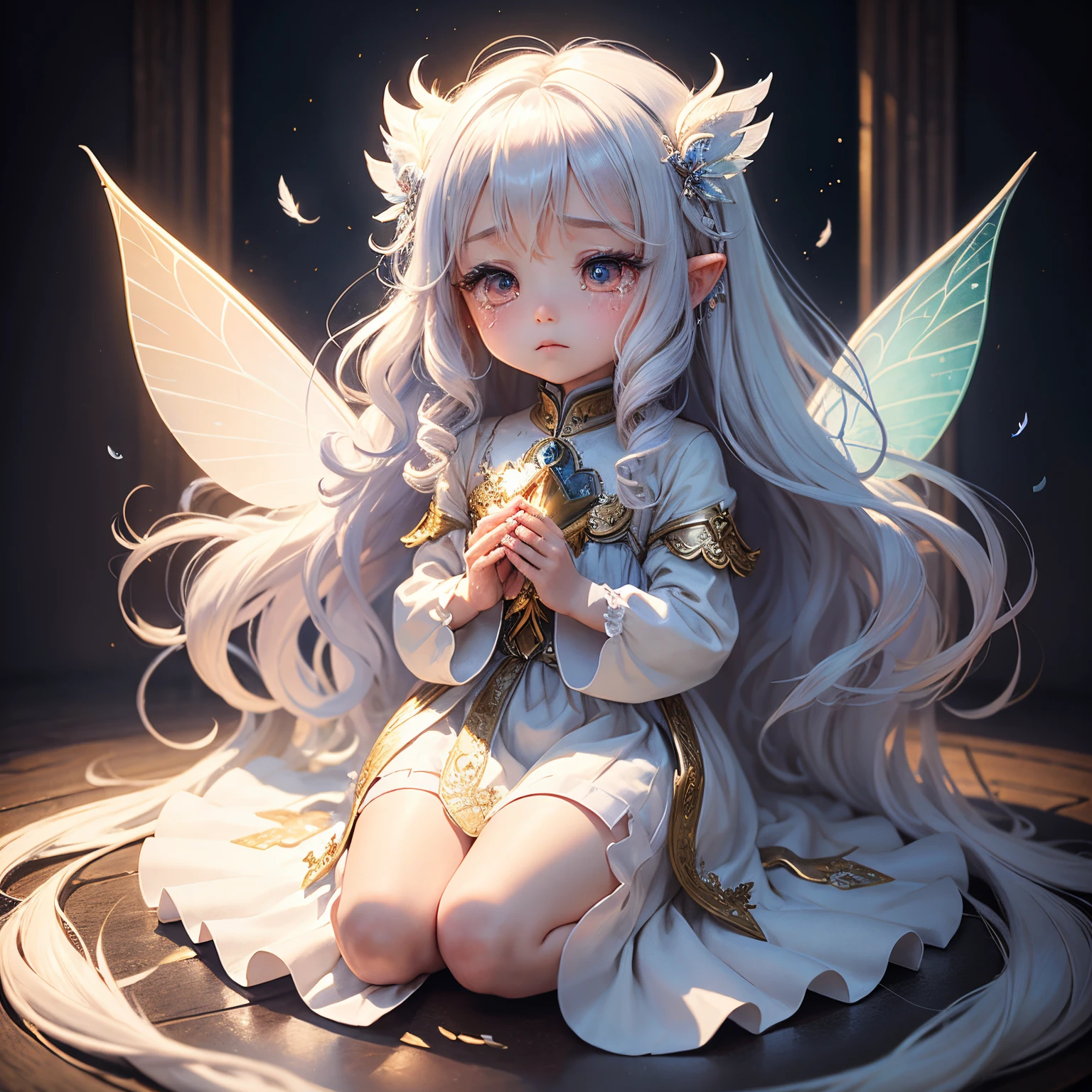 masterpiece、top-quality、ultra-detailliert、(Chibi Chara Fairy:1.2)、long, Wavy white hair swaying in the wind、Iridescent feathers、Prayer Hands、closing eye、shed tears、Kneeling、A ray of light、Dark background