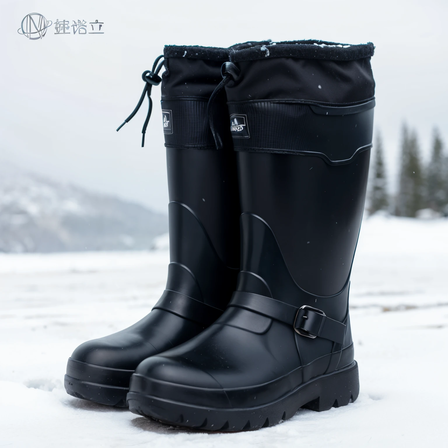 Black rubber boots on the snow,