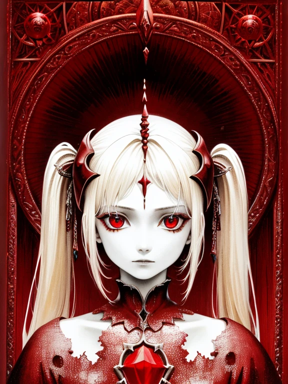 pale young divine gothic priestess, twintails, pure white skin, rust decay, Beautiful full body symmetrical portrait, Delicate blonde hairstyle, crimson eyes, dark red elegant gothic armor, encrusted with red gems, dark cathedral, masterpiece, Highest image quality, super detailing, upscaled, art by Zdzislaw Beksinski, art by H.R. Giger, absurdres, highres, (official art, beautiful and aesthetic:1.2), real, 4k, 8k,