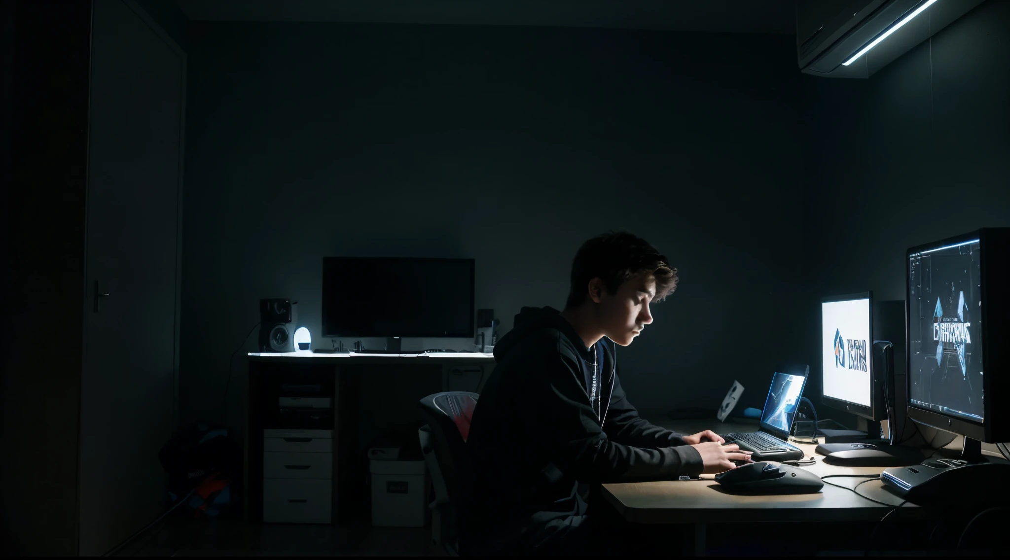 a  boy is sitting in from of a gaming desktops, in a dark room, lights are coming only from desktop