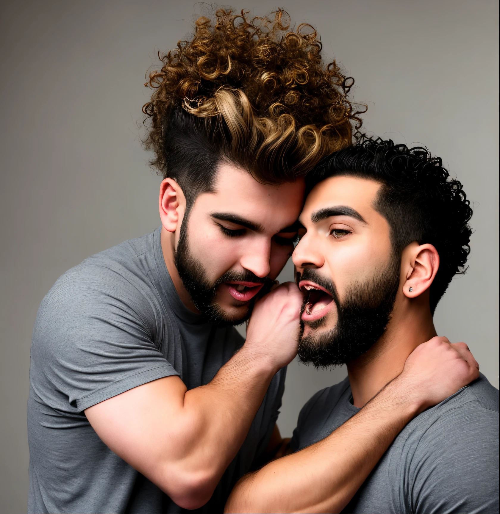 A blonde bearded american guy with short straight hair kissing a beardless latino guy with curly hair