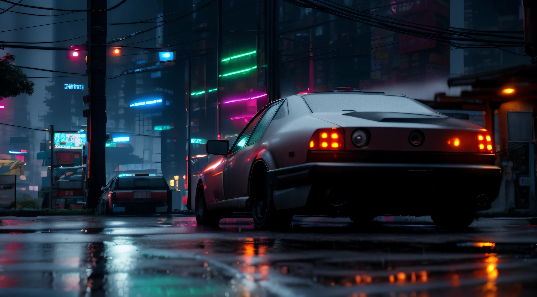Cars driving on the street in the rain at night, Surreal cyberpunk style, cyberpunk night street, beautiful cinematic light, cyberpunk streets at night, Red and movie lighting, cyberpunk street, cyber punk style , hyper realisitc, and Mumford. 8k 辛烷值渲染, and Mumford. Octagonal rendering, Rainy cyberpunk city, Highly realistic concept art, Cyberpunk Street at Night